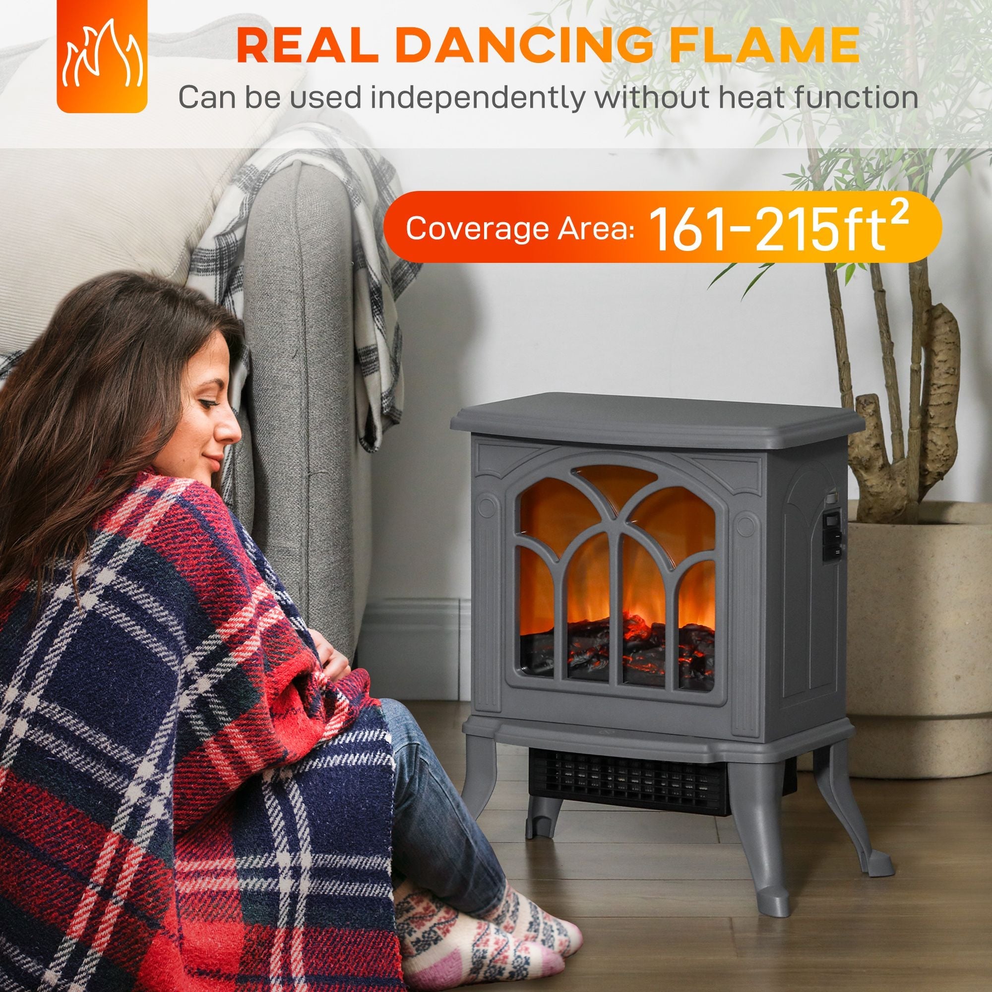 HOMCOM 17" Freestanding Electric Fireplace Stove, Fire Place Heater with Realistic Logs and Flame Effect and Overheat Protection, 750W/1500W, Gray - Comfortable Living Decor