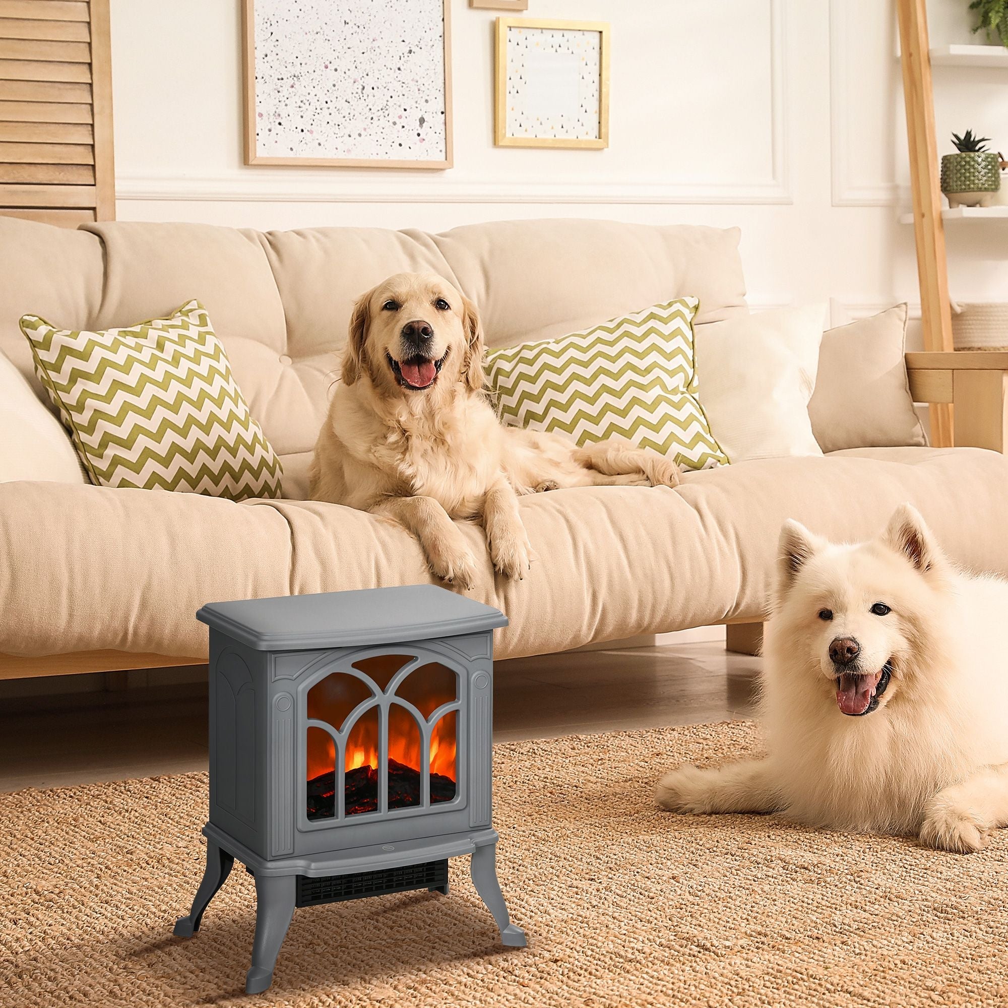 HOMCOM 17" Freestanding Electric Fireplace Stove, Fire Place Heater with Realistic Logs and Flame Effect and Overheat Protection, 750W/1500W, Gray - Comfortable Living Decor