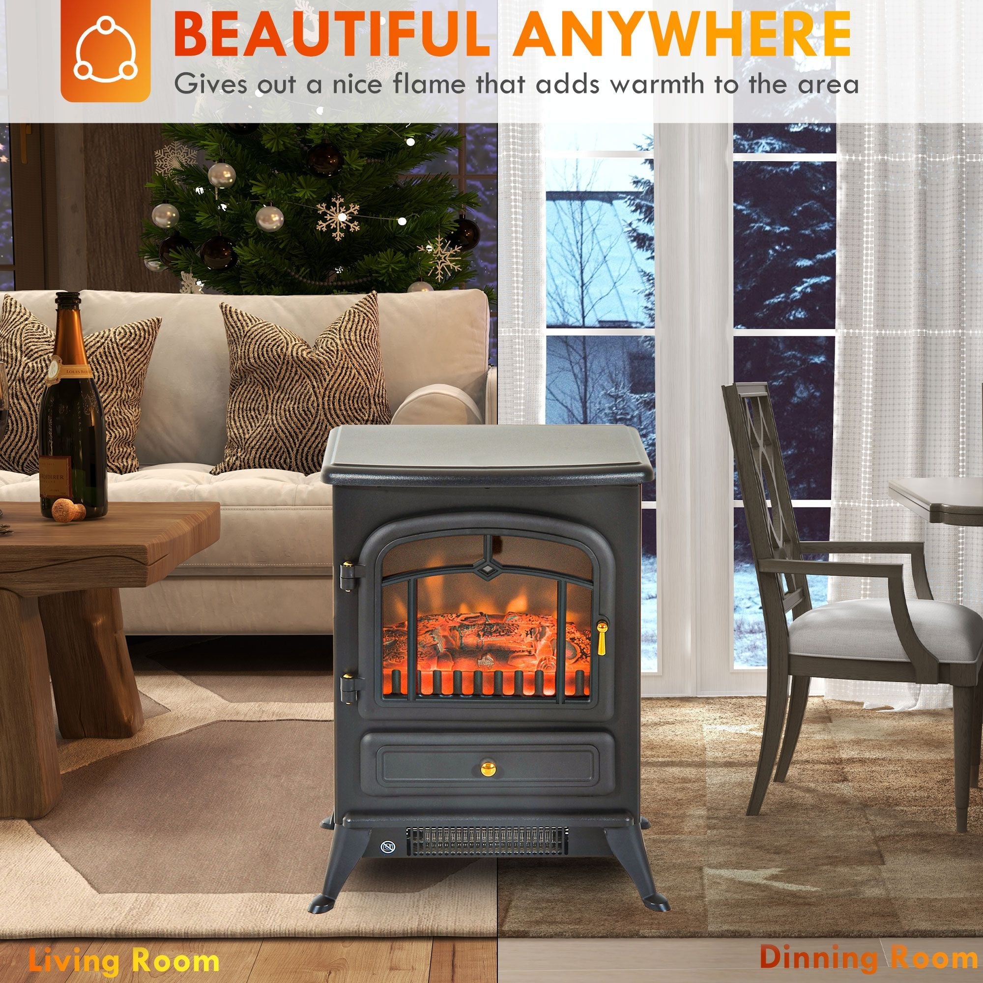 HOMCOM 22" Electric Fireplace Heater, Freestanding Fire Place Stove with Realistic LED Flames and Logs, and Overheating Protection, 750W/1500W, Black - Comfortable Living Decor