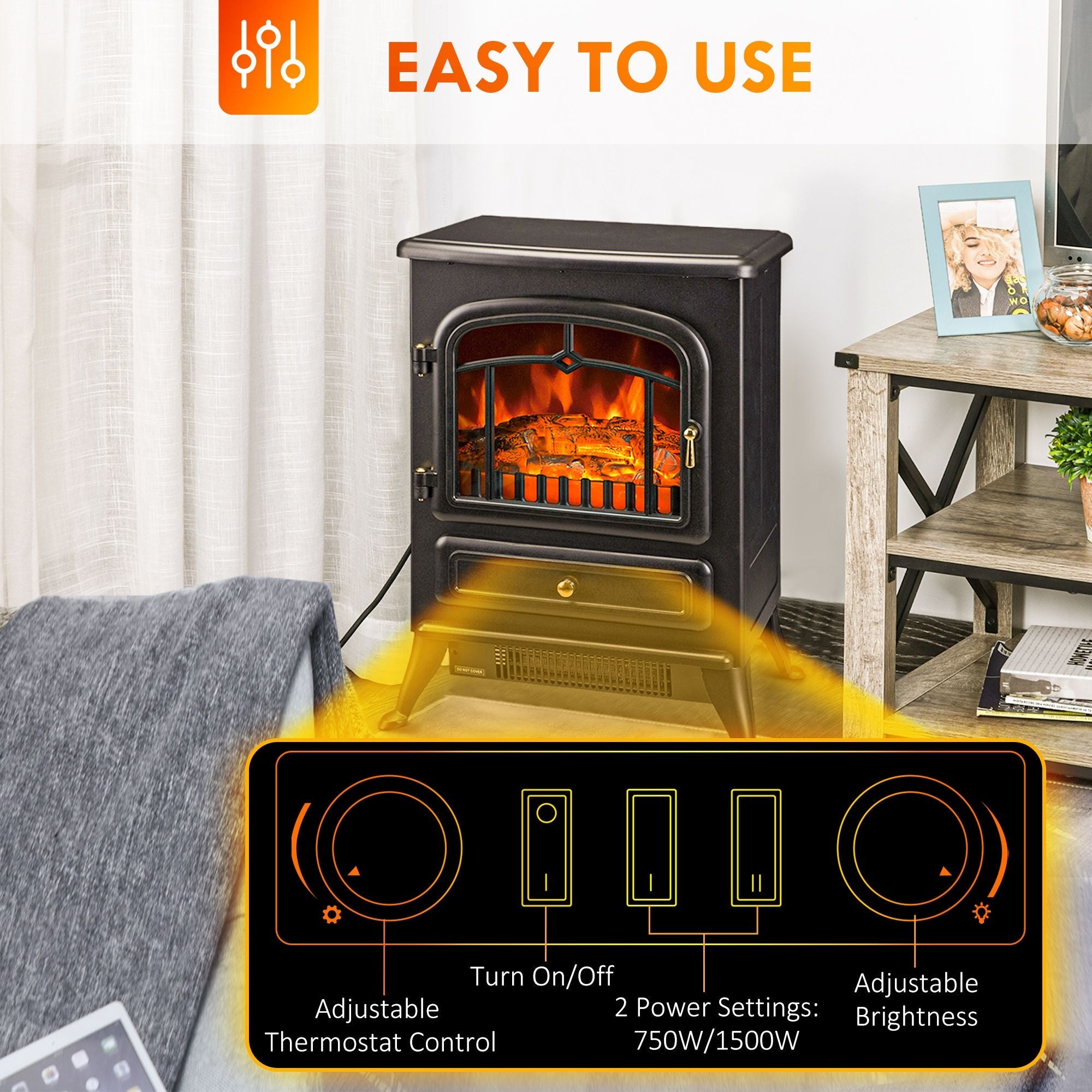 HOMCOM 22" Electric Fireplace Heater, Freestanding Fire Place Stove with Realistic LED Flames and Logs, and Overheating Protection, 750W/1500W, Black - Comfortable Living Decor