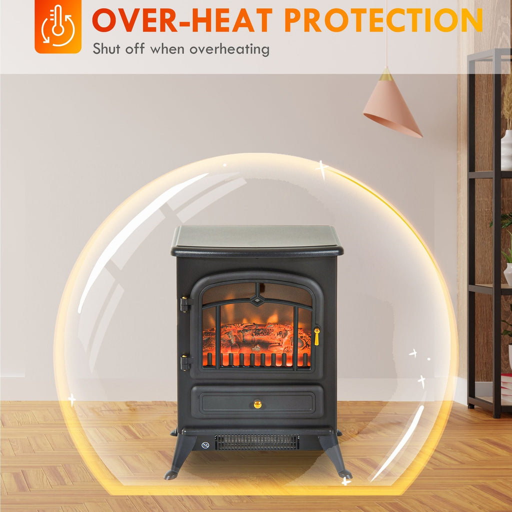 HOMCOM 22" Electric Fireplace Heater, Freestanding Fire Place Stove with Realistic LED Flames and Logs, and Overheating Protection, 750W/1500W, Black - Comfortable Living Decor