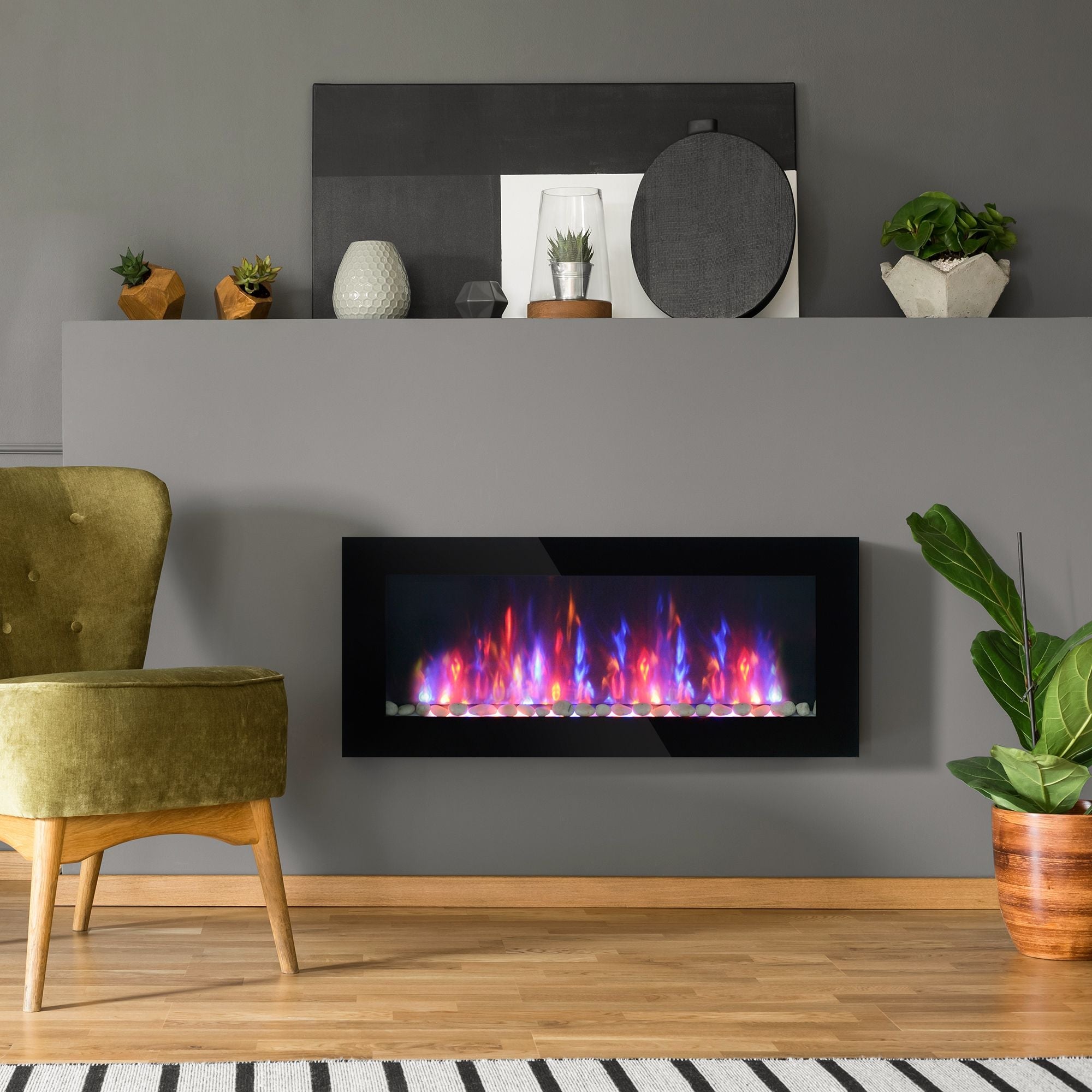 HOMCOM 41.3" 1500W Electric Wall - Mounted Fireplace with Flame Effect, 7 Color Background Light, Black - Comfortable Living Decor