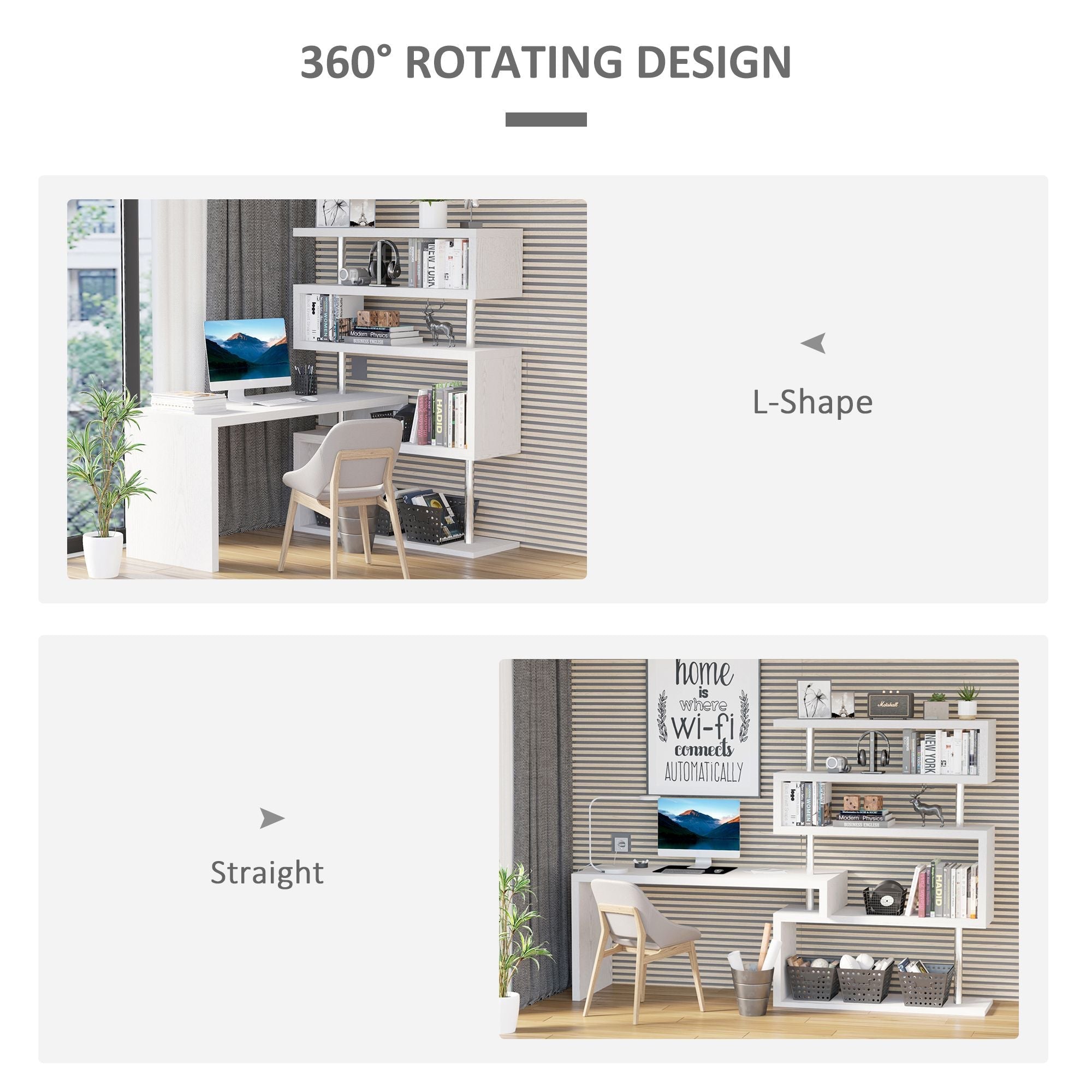 HOMCOM 5 Tier L - Shaped Desk 360° Rotating Design Office Desk with MDF Display Shelves Stainless Steel White - Comfortable Living Decor