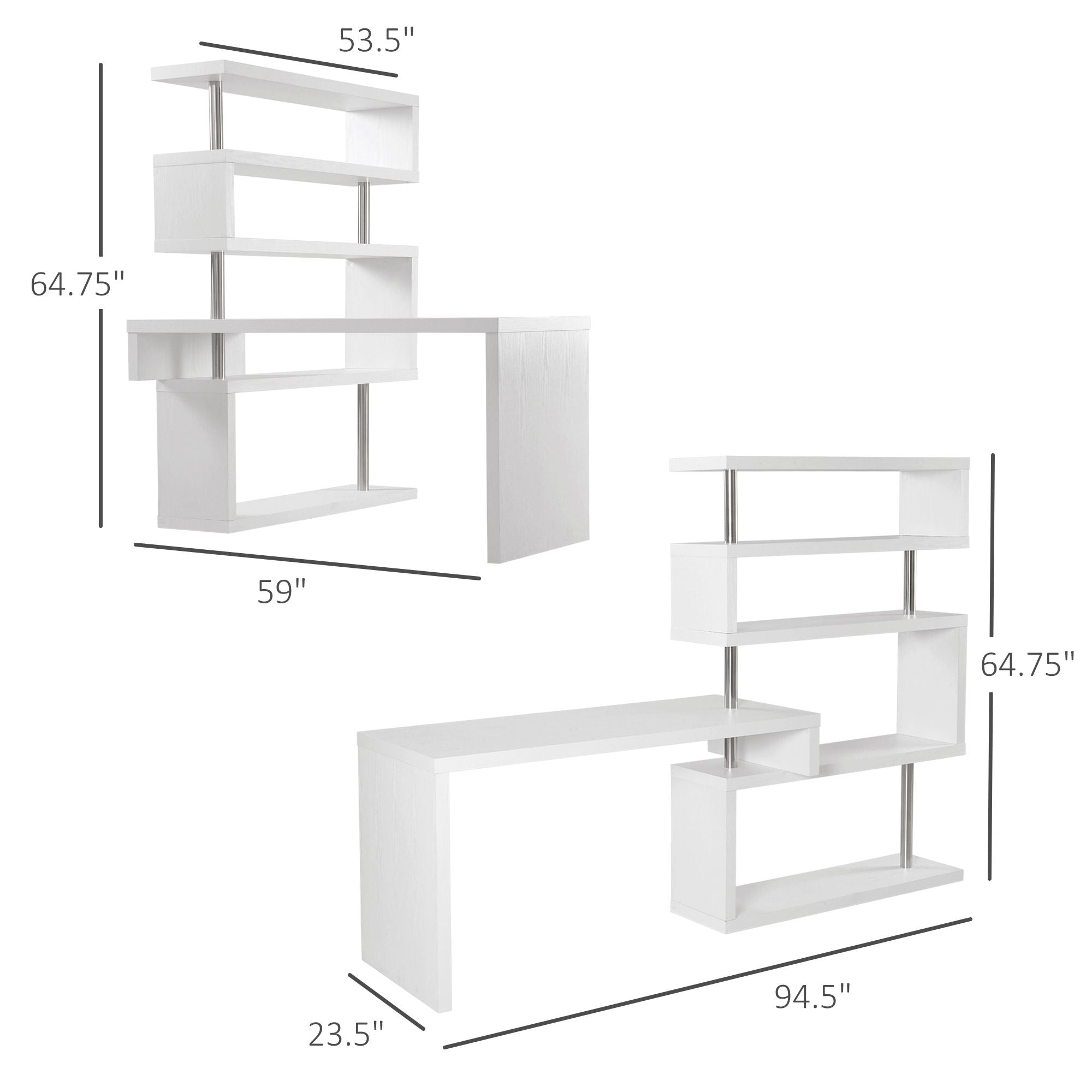 HOMCOM 5 Tier L - Shaped Desk 360° Rotating Design Office Desk with MDF Display Shelves Stainless Steel White - Comfortable Living Decor