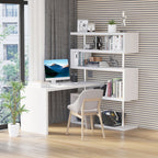 HOMCOM 5 Tier L - Shaped Desk 360° Rotating Design Office Desk with MDF Display Shelves Stainless Steel White - Comfortable Living Decor