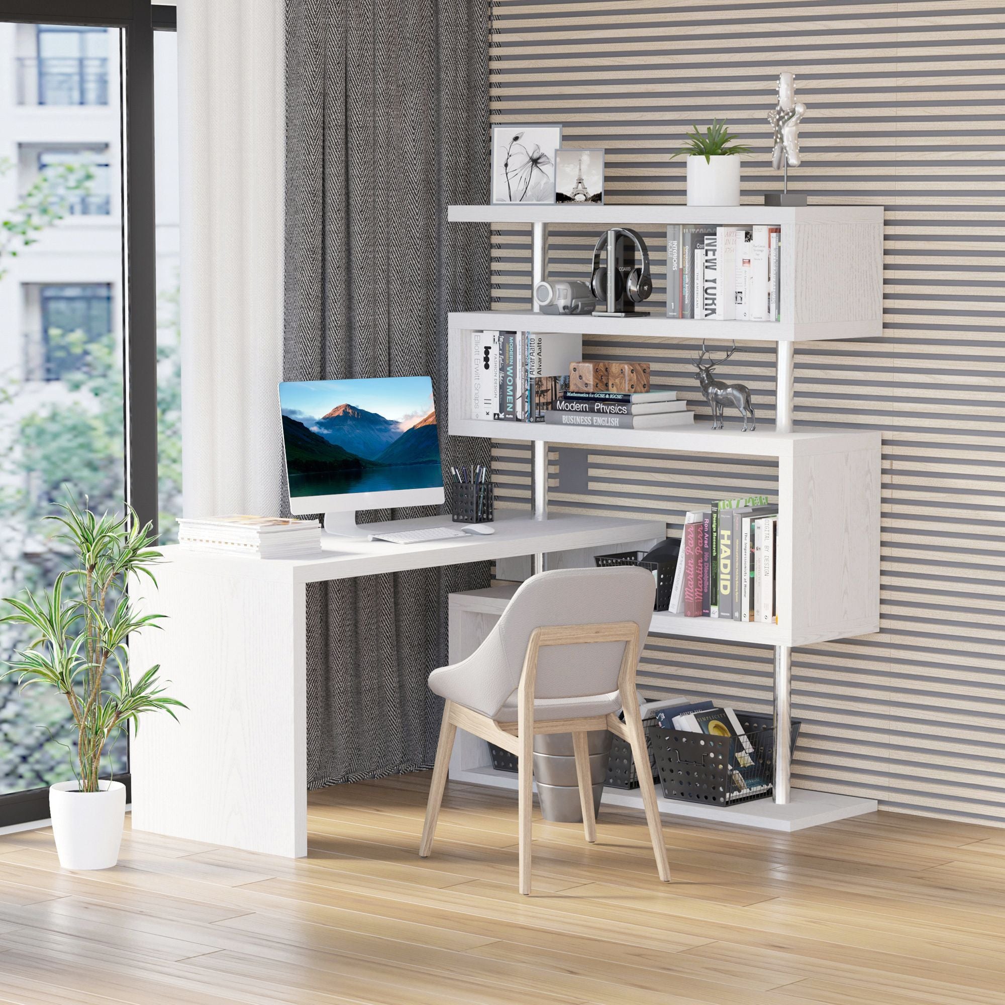 HOMCOM 5 Tier L - Shaped Desk 360° Rotating Design Office Desk with MDF Display Shelves Stainless Steel White - Comfortable Living Decor