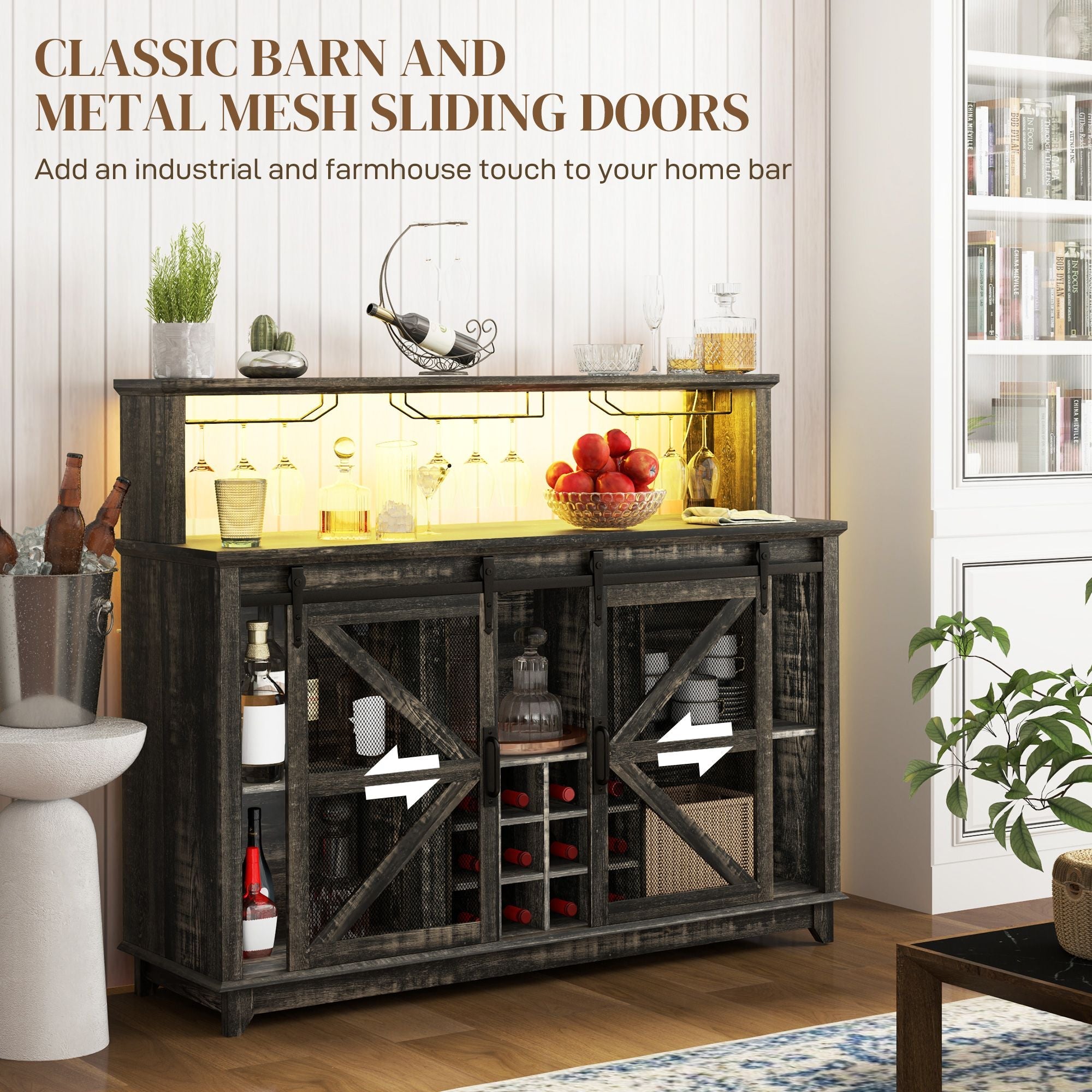 HOMCOM 55" Coffee Bar Cabinet with Lights, Farmhouse Wine Cabinet with Wine and Glass Racks for Kitchen, Dining Room, Brown - Comfortable Living Decor