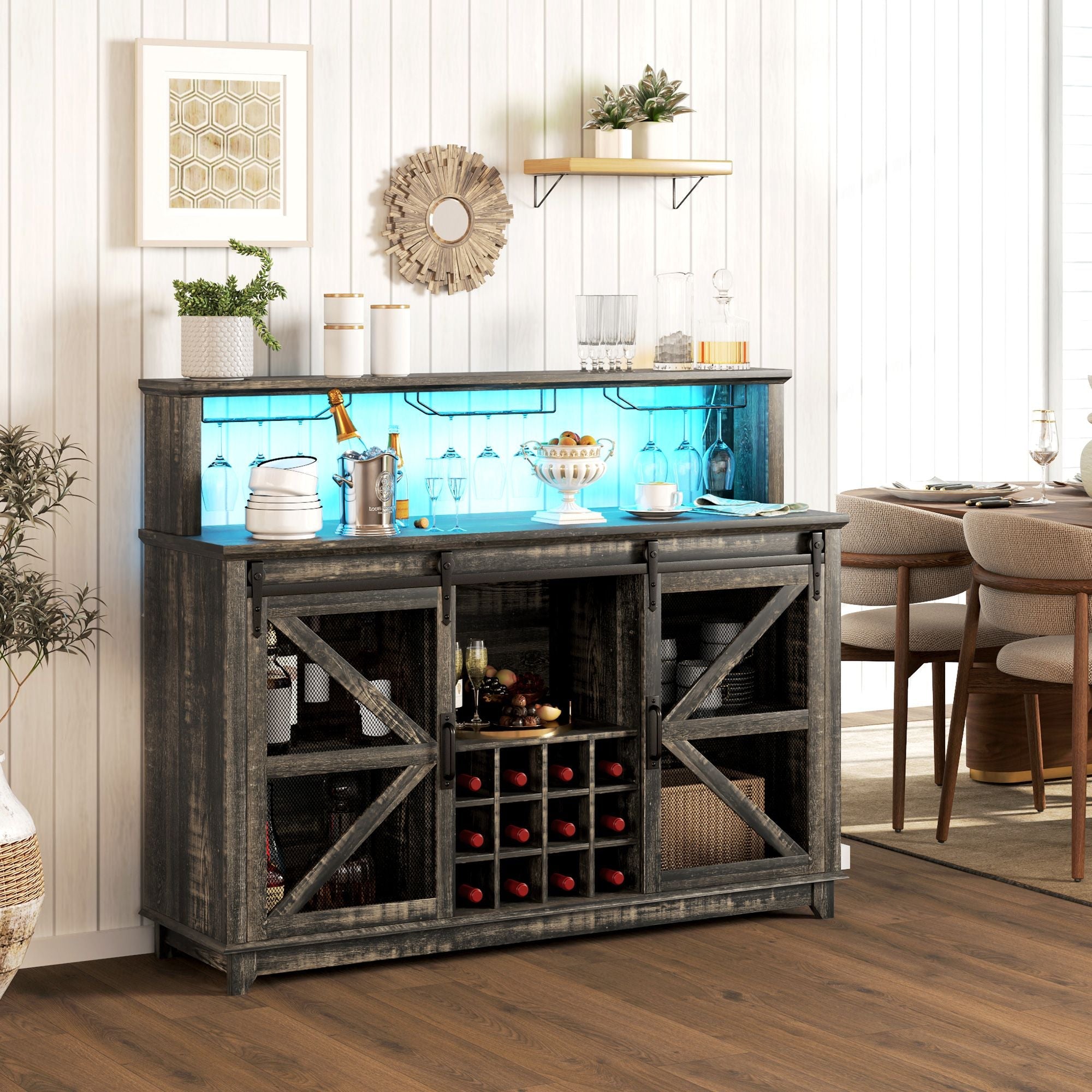 HOMCOM 55" Coffee Bar Cabinet with Lights, Farmhouse Wine Cabinet with Wine and Glass Racks for Kitchen, Dining Room, Brown - Comfortable Living Decor
