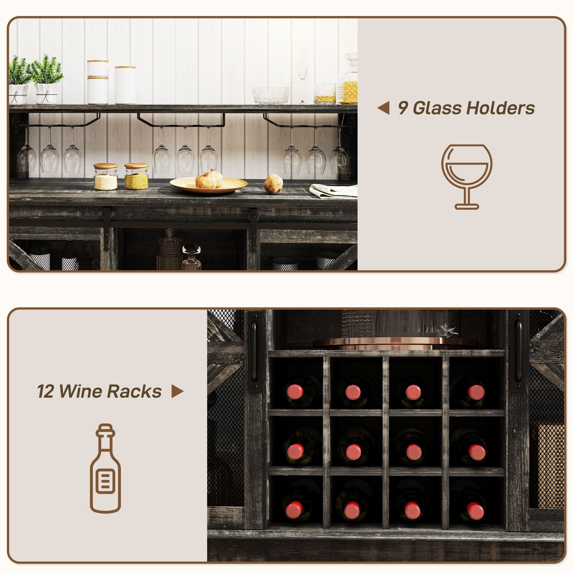 HOMCOM 55" Coffee Bar Cabinet with Lights, Farmhouse Wine Cabinet with Wine and Glass Racks for Kitchen, Dining Room, Brown - Comfortable Living Decor