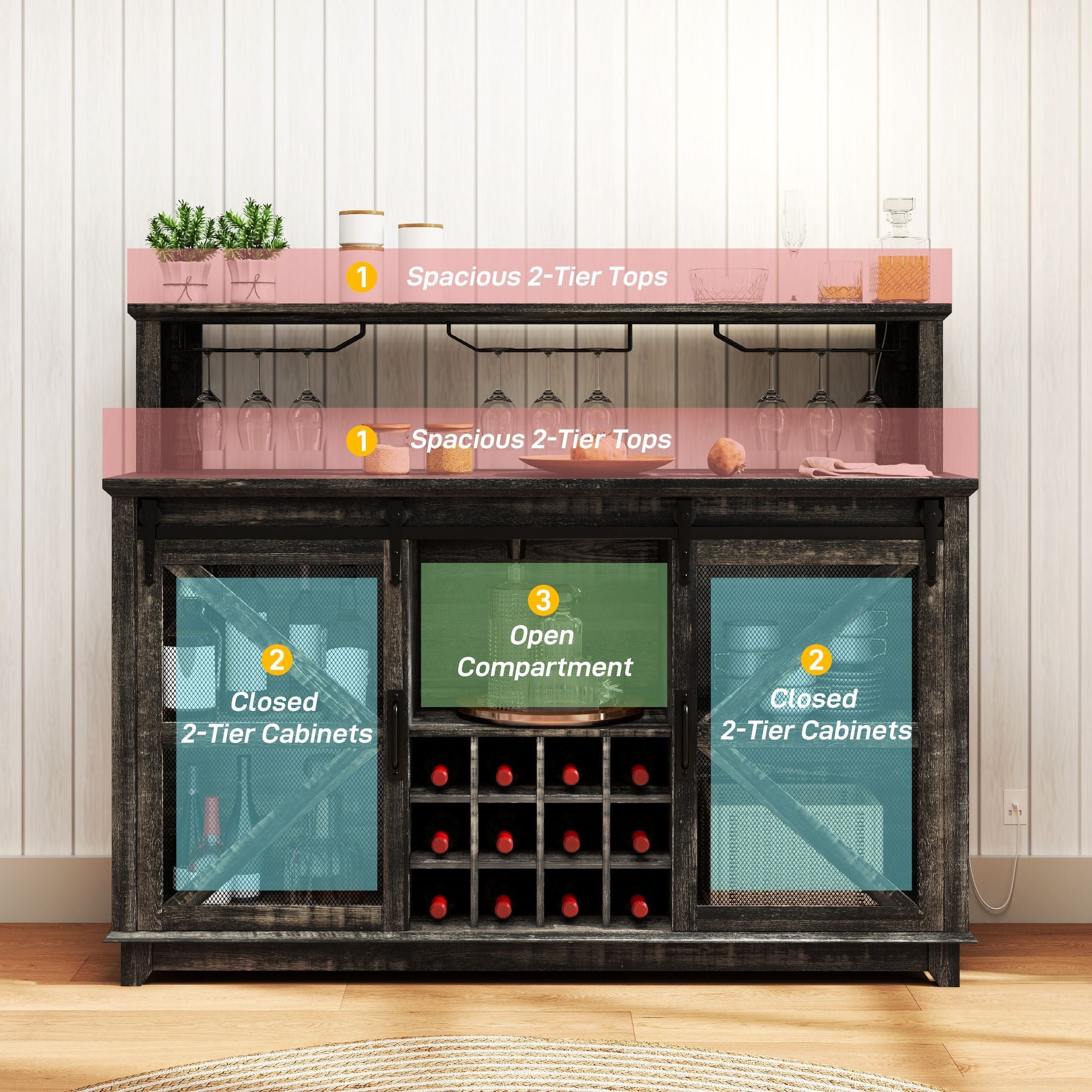 HOMCOM 55" Coffee Bar Cabinet with Lights, Farmhouse Wine Cabinet with Wine and Glass Racks for Kitchen, Dining Room, Brown - Comfortable Living Decor