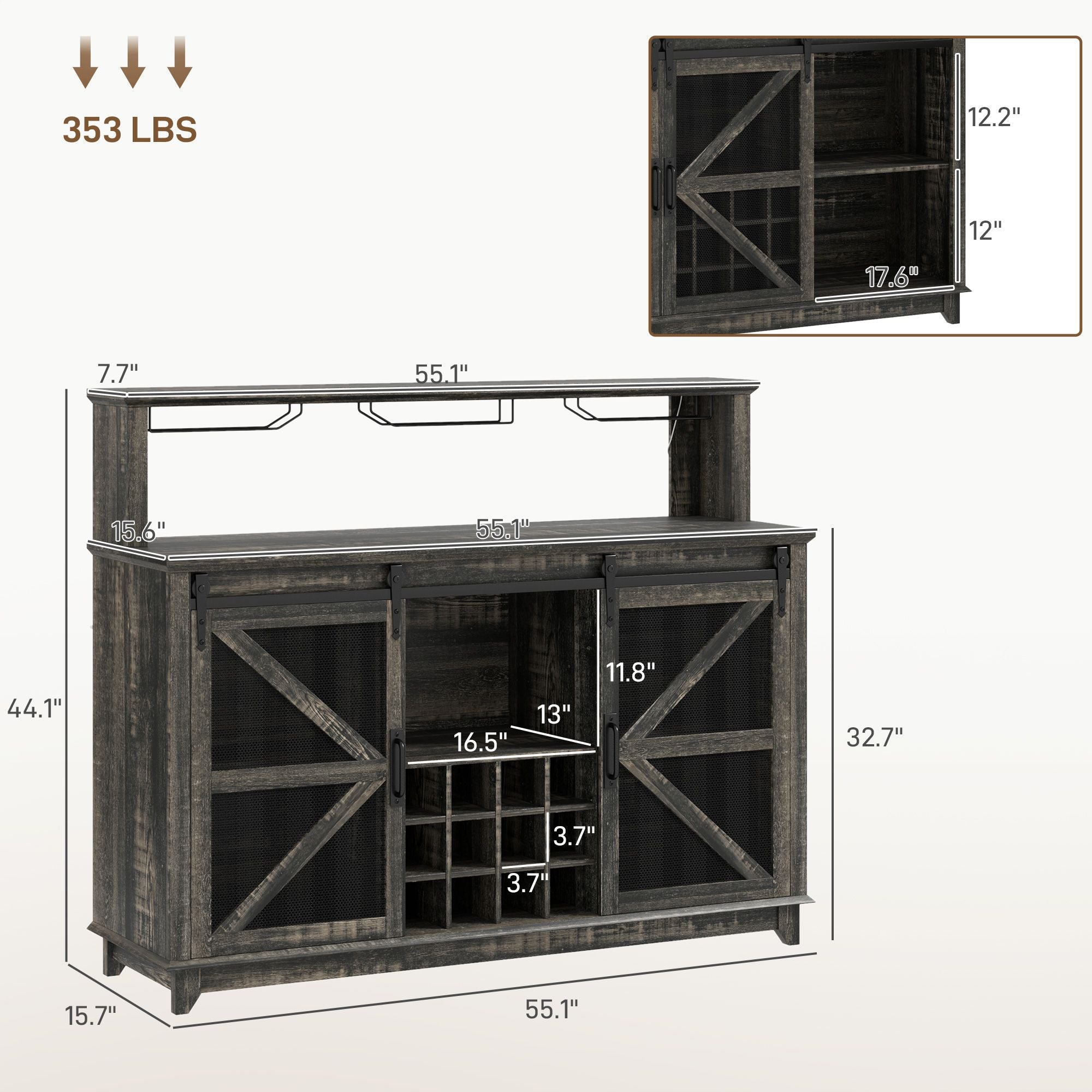 HOMCOM 55" Coffee Bar Cabinet with Lights, Farmhouse Wine Cabinet with Wine and Glass Racks for Kitchen, Dining Room, Brown - Comfortable Living Decor