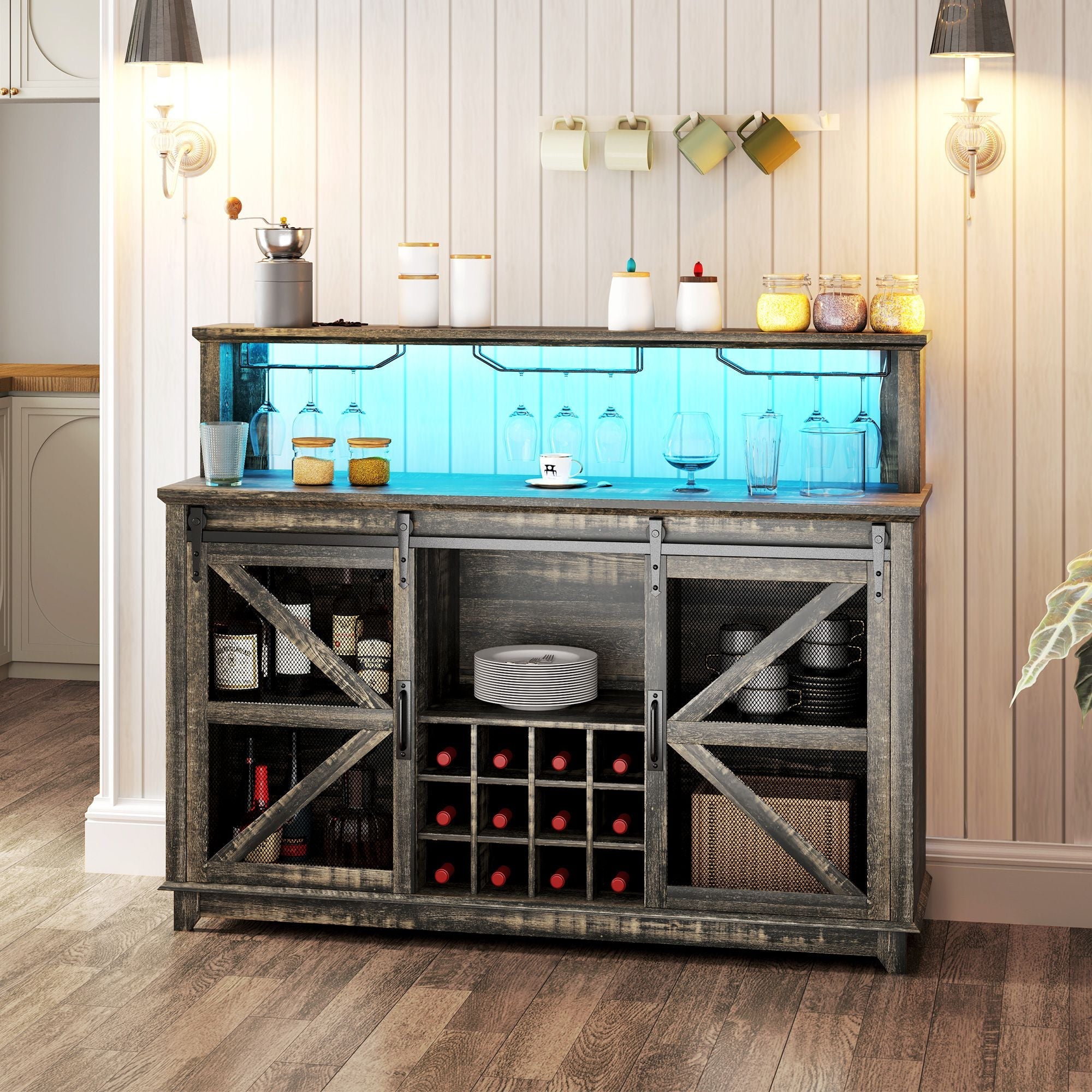 HOMCOM 55" Coffee Bar Cabinet with Lights, Farmhouse Wine Cabinet with Wine and Glass Racks for Kitchen, Dining Room, Brown - Comfortable Living Decor