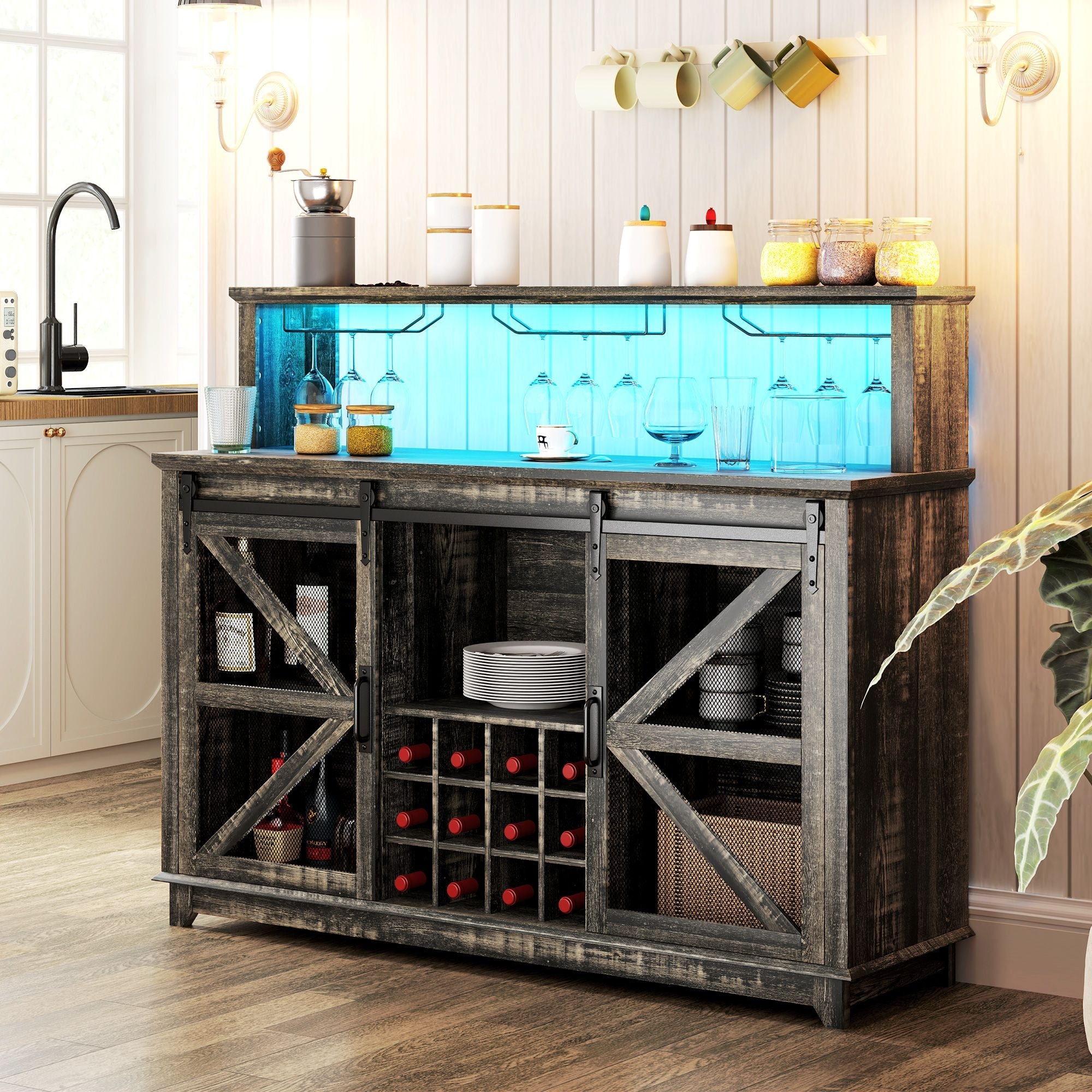 HOMCOM 55" Coffee Bar Cabinet with Lights, Farmhouse Wine Cabinet with Wine and Glass Racks for Kitchen, Dining Room, Brown - Comfortable Living Decor
