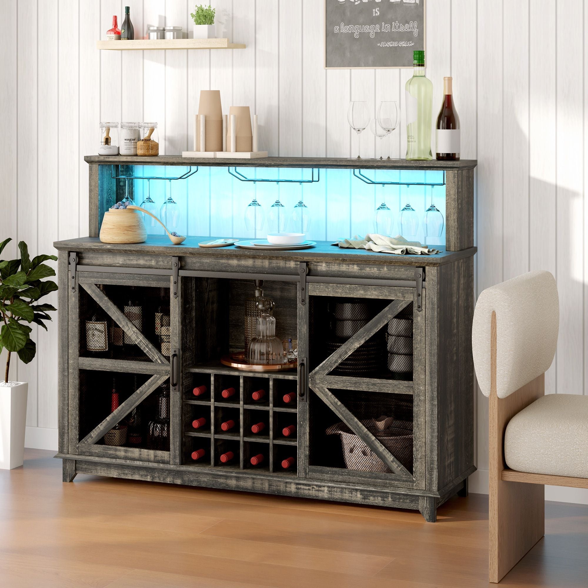 HOMCOM 55" Coffee Bar Cabinet with Lights, Farmhouse Wine Cabinet with Wine and Glass Racks for Kitchen, Dining Room, Brown - Comfortable Living Decor