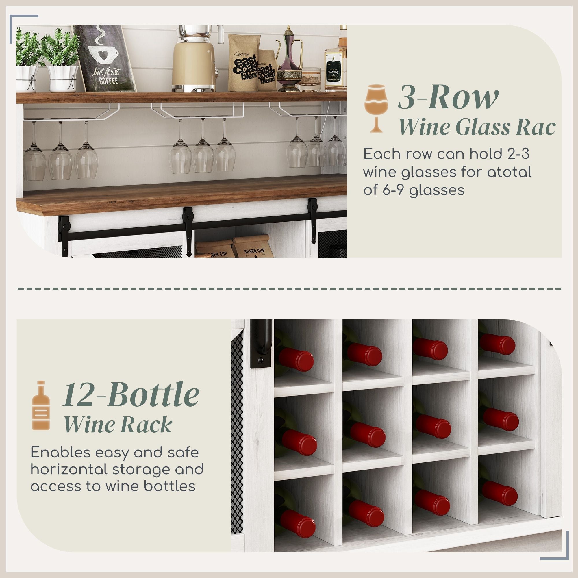 HOMCOM 55" Coffee Bar Cabinet with Lights, Farmhouse Wine Cabinet with Wine and Glass Racks for Kitchen, Dining Room, White - Comfortable Living Decor