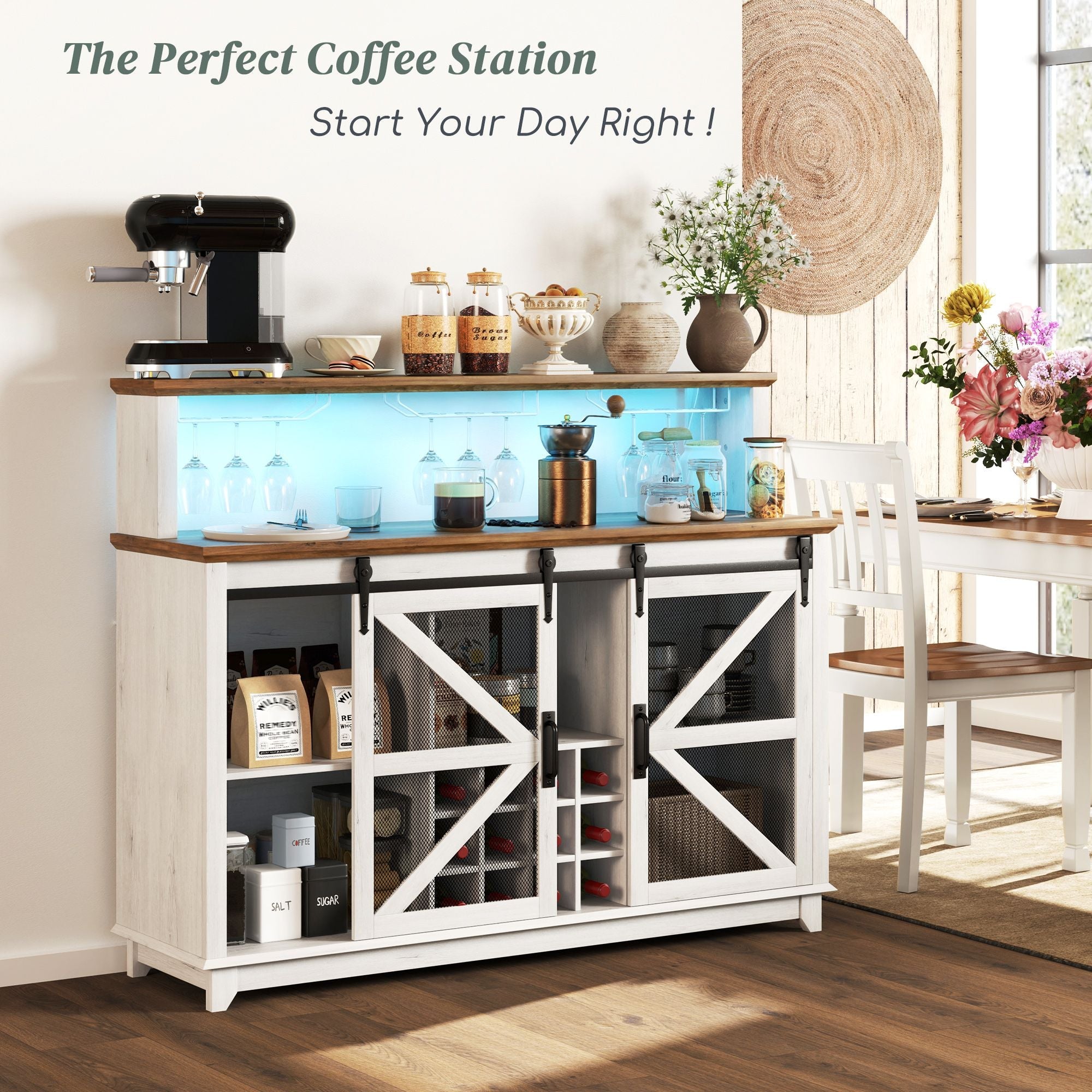HOMCOM 55" Coffee Bar Cabinet with Lights, Farmhouse Wine Cabinet with Wine and Glass Racks for Kitchen, Dining Room, White - Comfortable Living Decor
