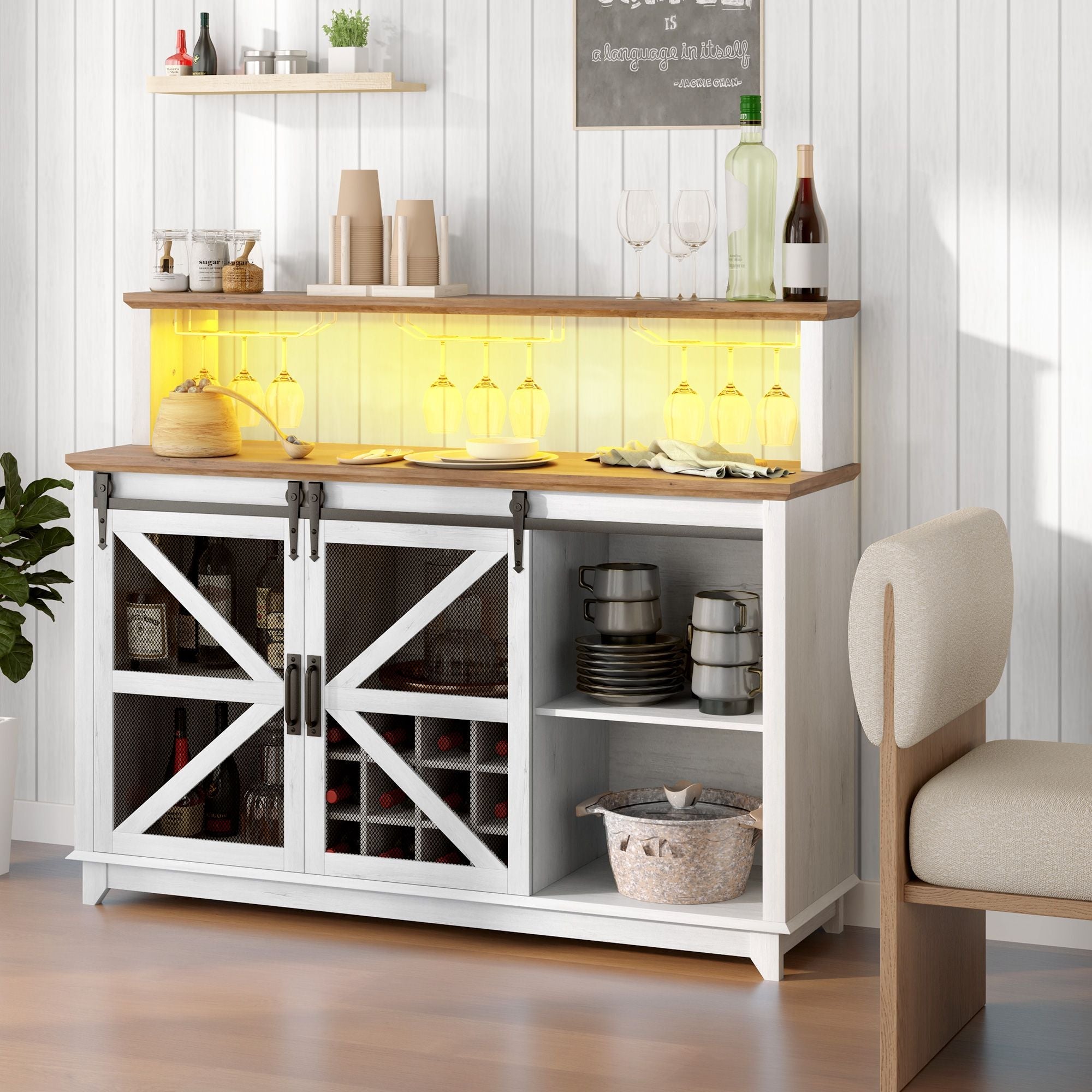 HOMCOM 55" Coffee Bar Cabinet with Lights, Farmhouse Wine Cabinet with Wine and Glass Racks for Kitchen, Dining Room, White - Comfortable Living Decor