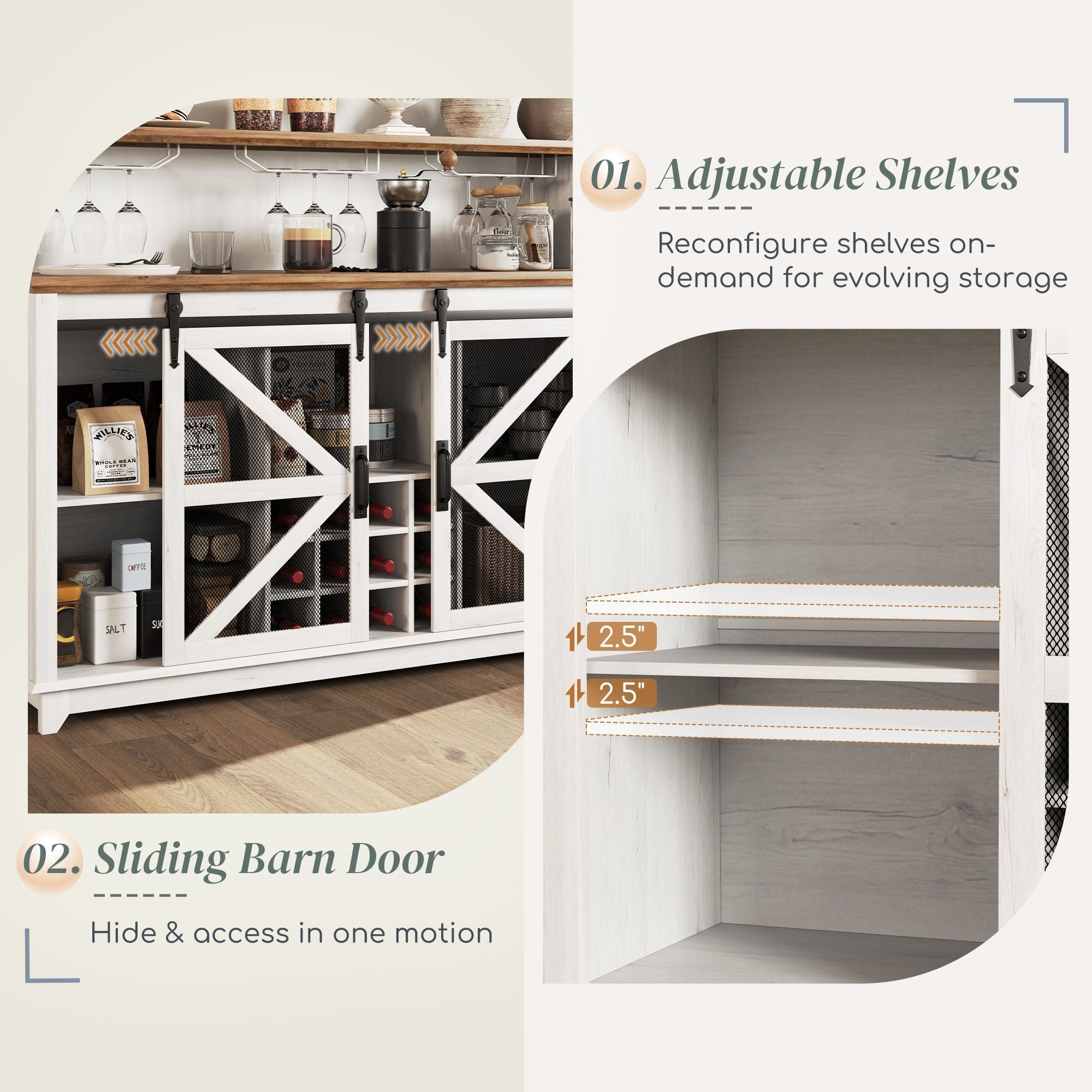 HOMCOM 55" Coffee Bar Cabinet with Lights, Farmhouse Wine Cabinet with Wine and Glass Racks for Kitchen, Dining Room, White - Comfortable Living Decor