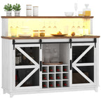 HOMCOM 55" Coffee Bar Cabinet with Lights, Farmhouse Wine Cabinet with Wine and Glass Racks for Kitchen, Dining Room, White - Comfortable Living Decor