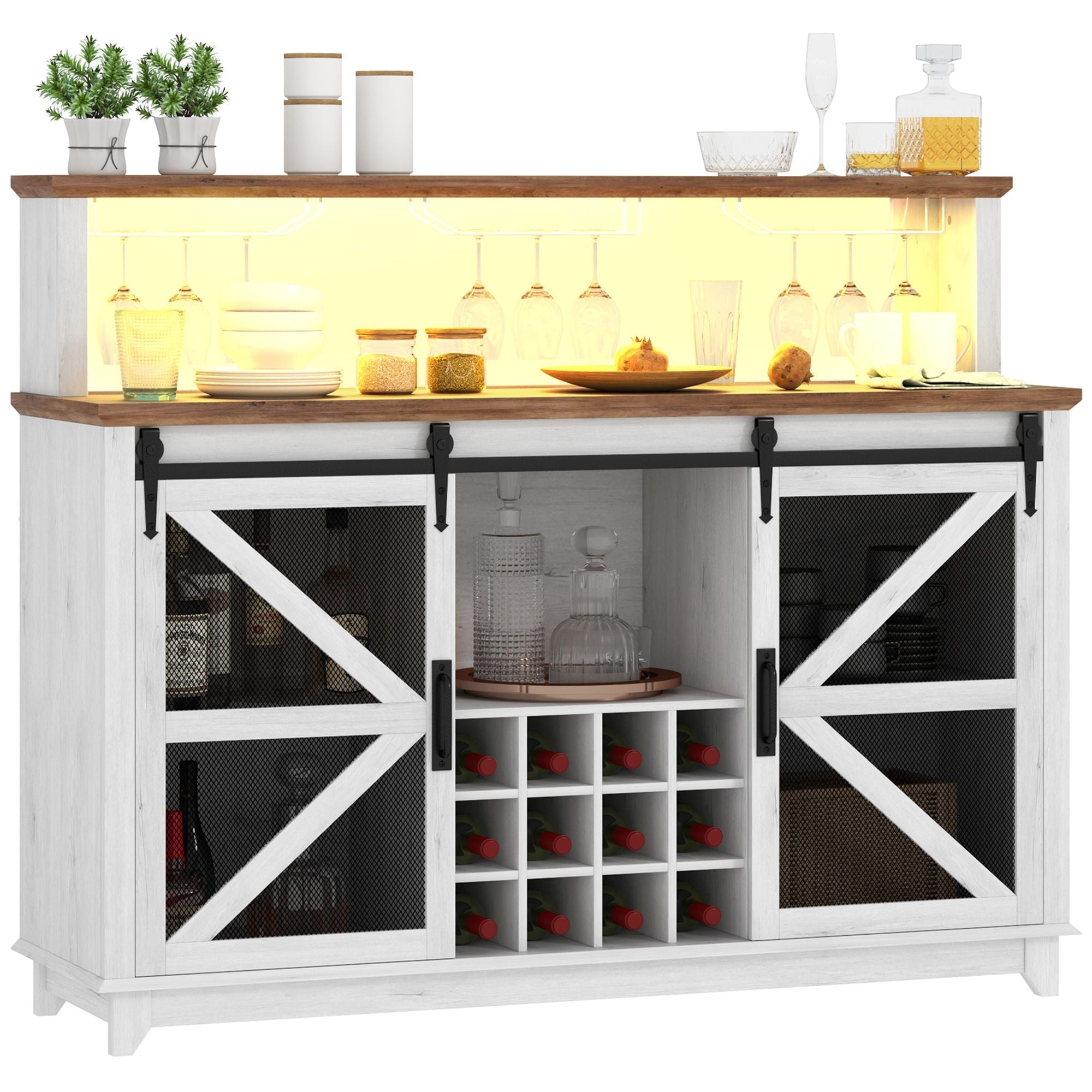 HOMCOM 55" Coffee Bar Cabinet with Lights, Farmhouse Wine Cabinet with Wine and Glass Racks for Kitchen, Dining Room, White - Comfortable Living Decor