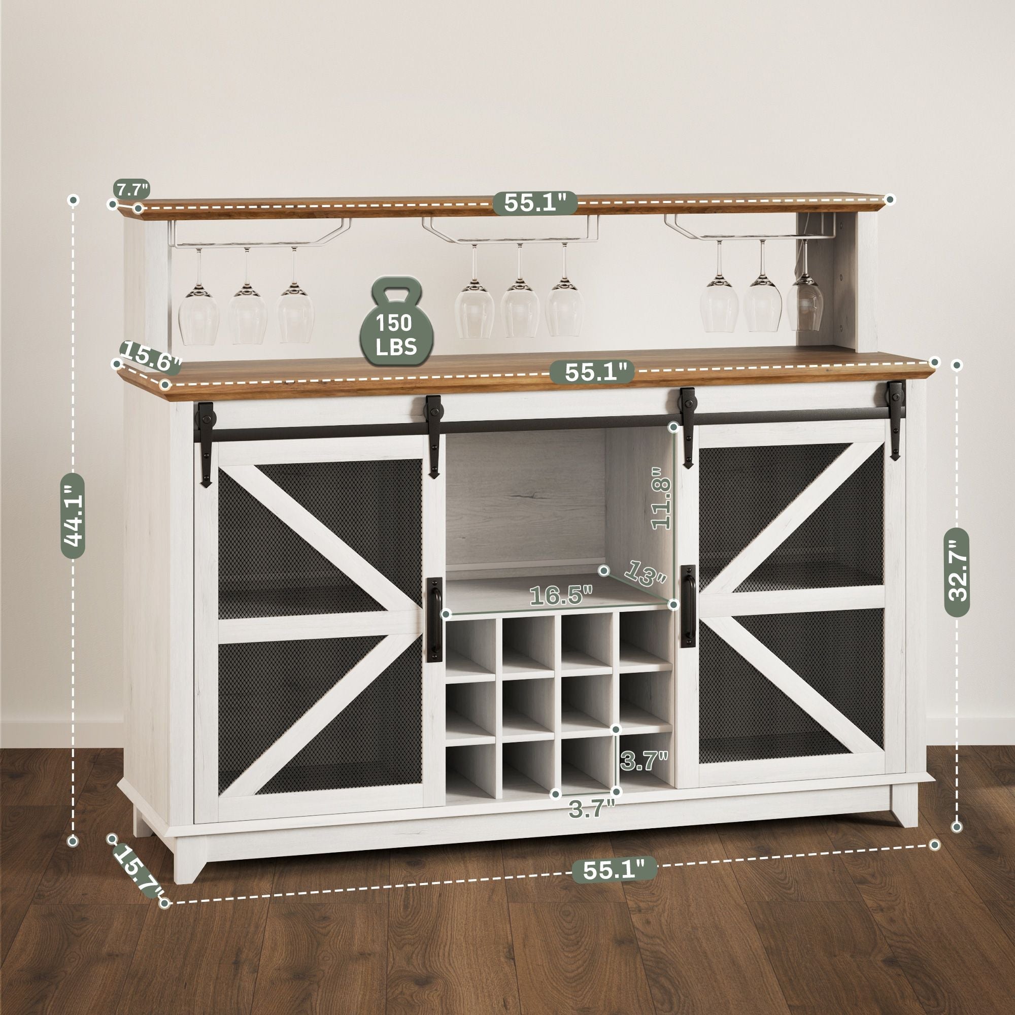 HOMCOM 55" Coffee Bar Cabinet with Lights, Farmhouse Wine Cabinet with Wine and Glass Racks for Kitchen, Dining Room, White - Comfortable Living Decor