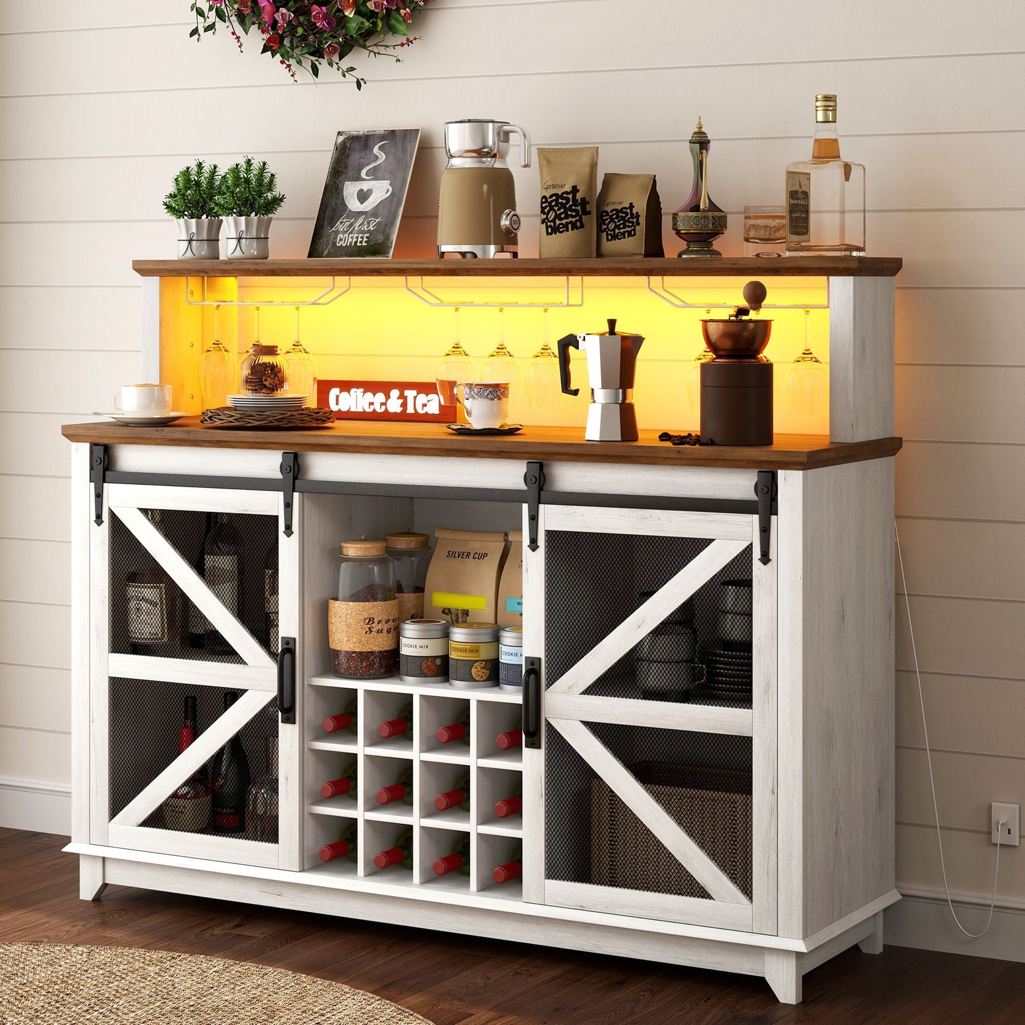 HOMCOM 55" Coffee Bar Cabinet with Lights, Farmhouse Wine Cabinet with Wine and Glass Racks for Kitchen, Dining Room, White - Comfortable Living Decor