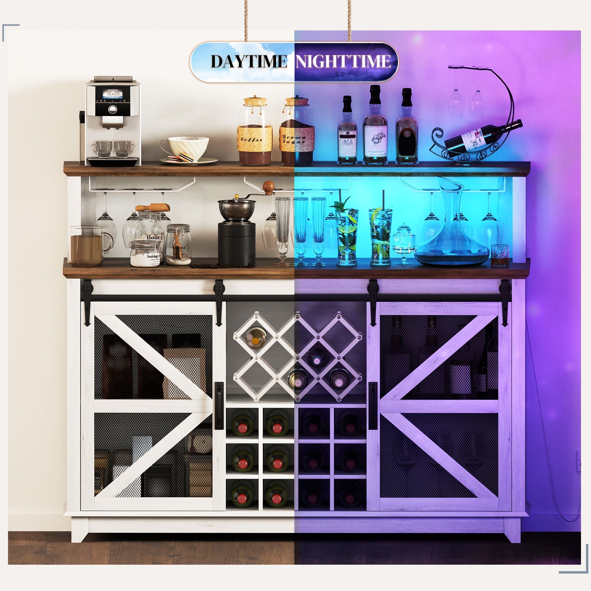 HOMCOM 55" Coffee Bar Cabinet with Lights, Farmhouse Wine Cabinet with Wine and Glass Racks for Kitchen, Dining Room, White - Comfortable Living Decor