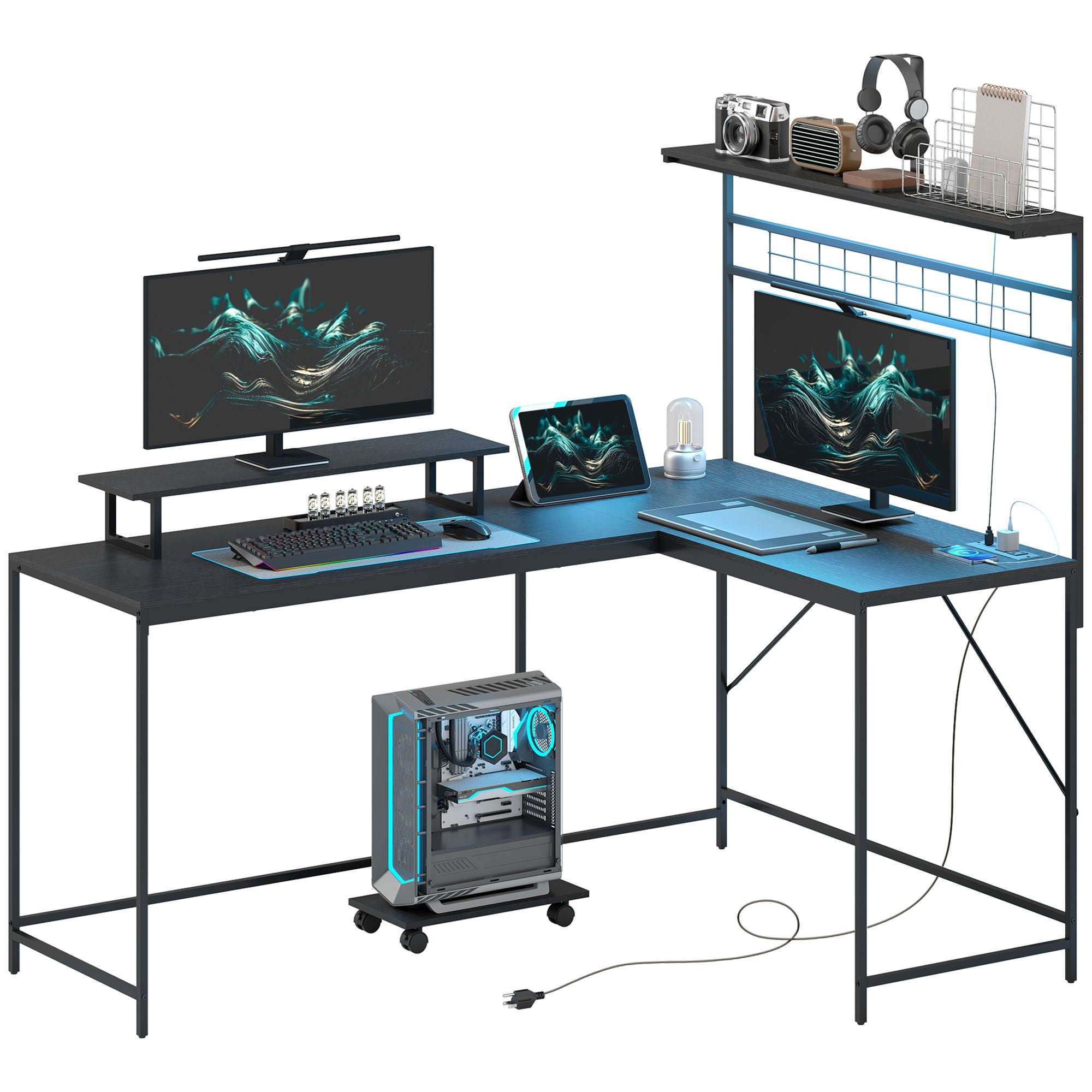 HOMCOM 61.6" L Shaped Gaming Desk with Power Outlets & LED Lights, Computer Desk with Monitor Stand and CPU Shelf, Black - Comfortable Living Decor
