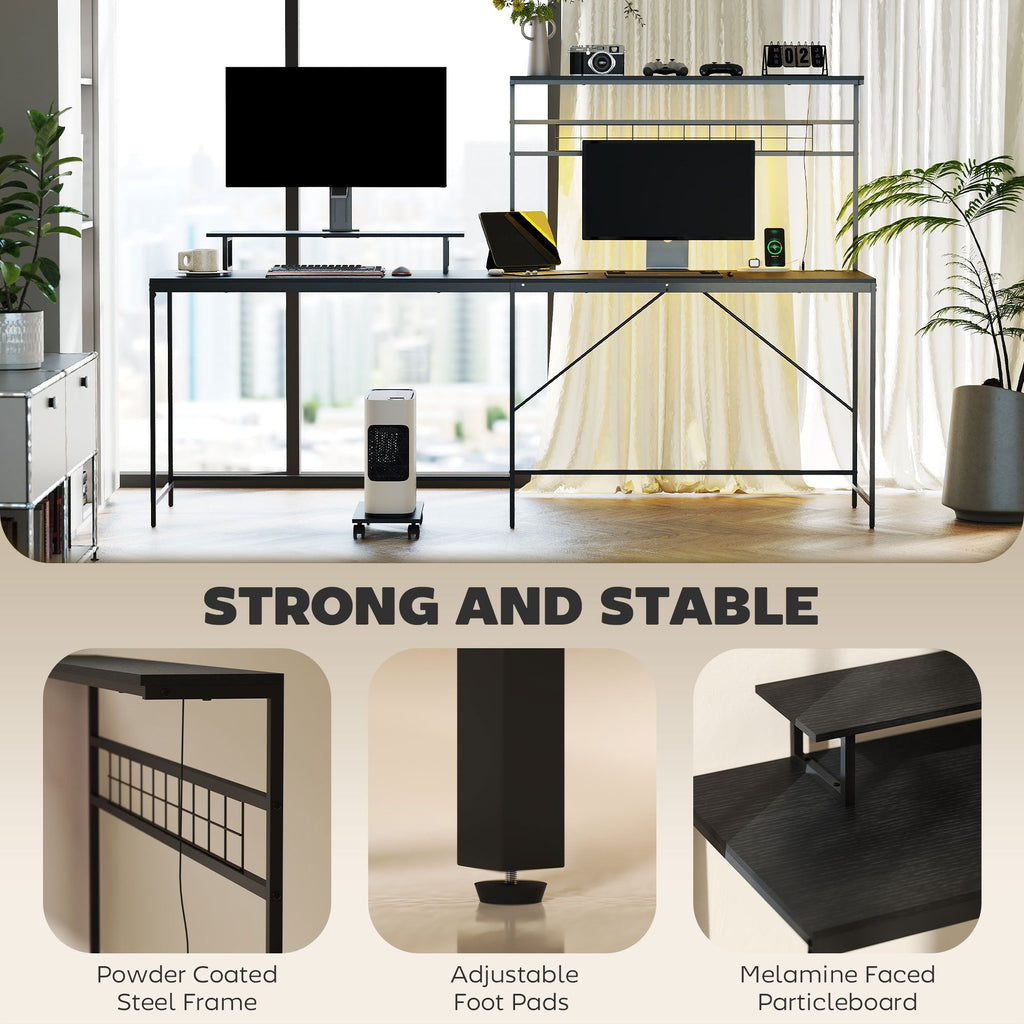 HOMCOM 61.6" L Shaped Gaming Desk with Power Outlets & LED Lights, Computer Desk with Monitor Stand and CPU Shelf, Black - Comfortable Living Decor