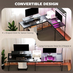 HOMCOM 61.6" L Shaped Gaming Desk with Power Outlets & LED Lights, Computer Desk with Monitor Stand and CPU Shelf, Black - Comfortable Living Decor