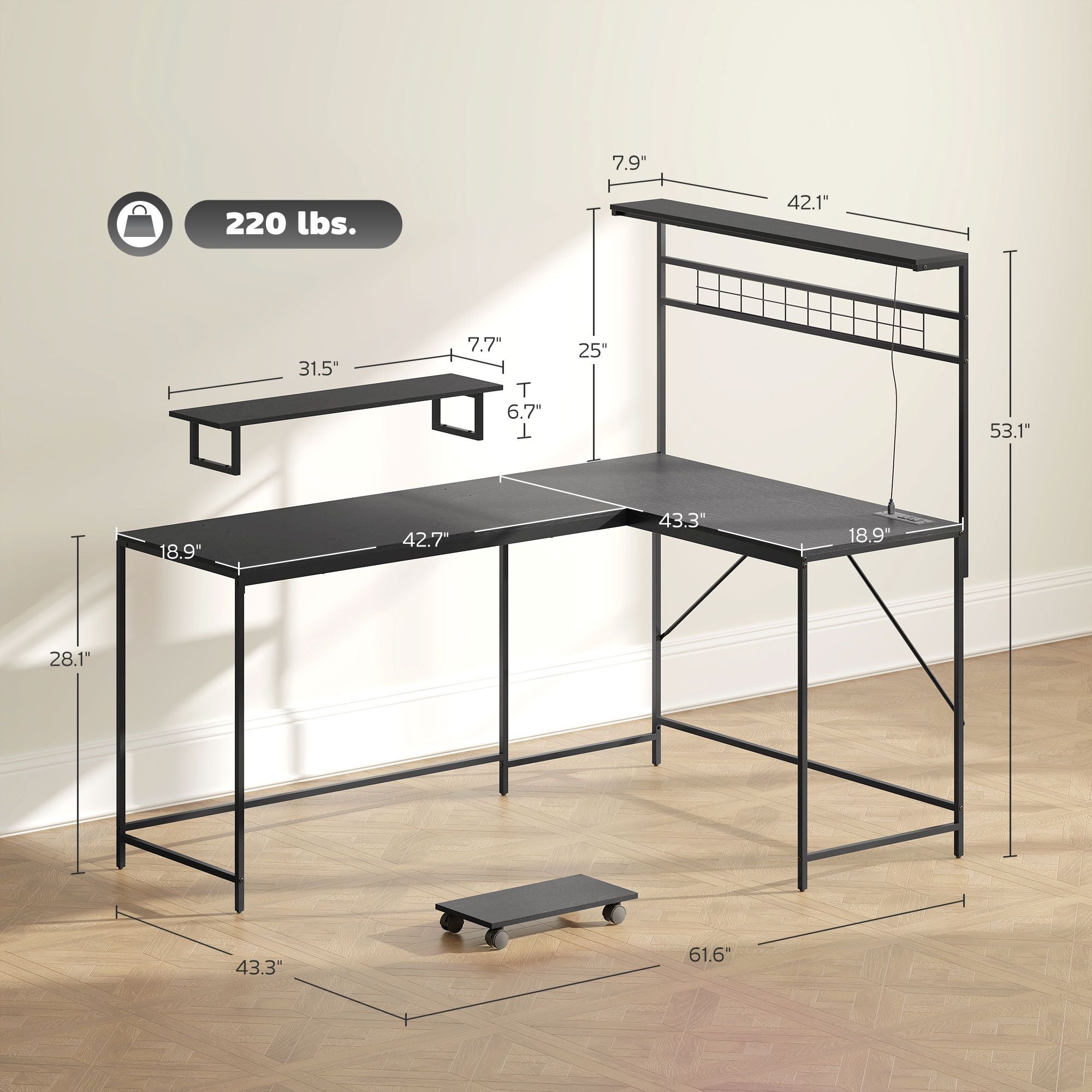 HOMCOM 61.6" L Shaped Gaming Desk with Power Outlets & LED Lights, Computer Desk with Monitor Stand and CPU Shelf, Black - Comfortable Living Decor