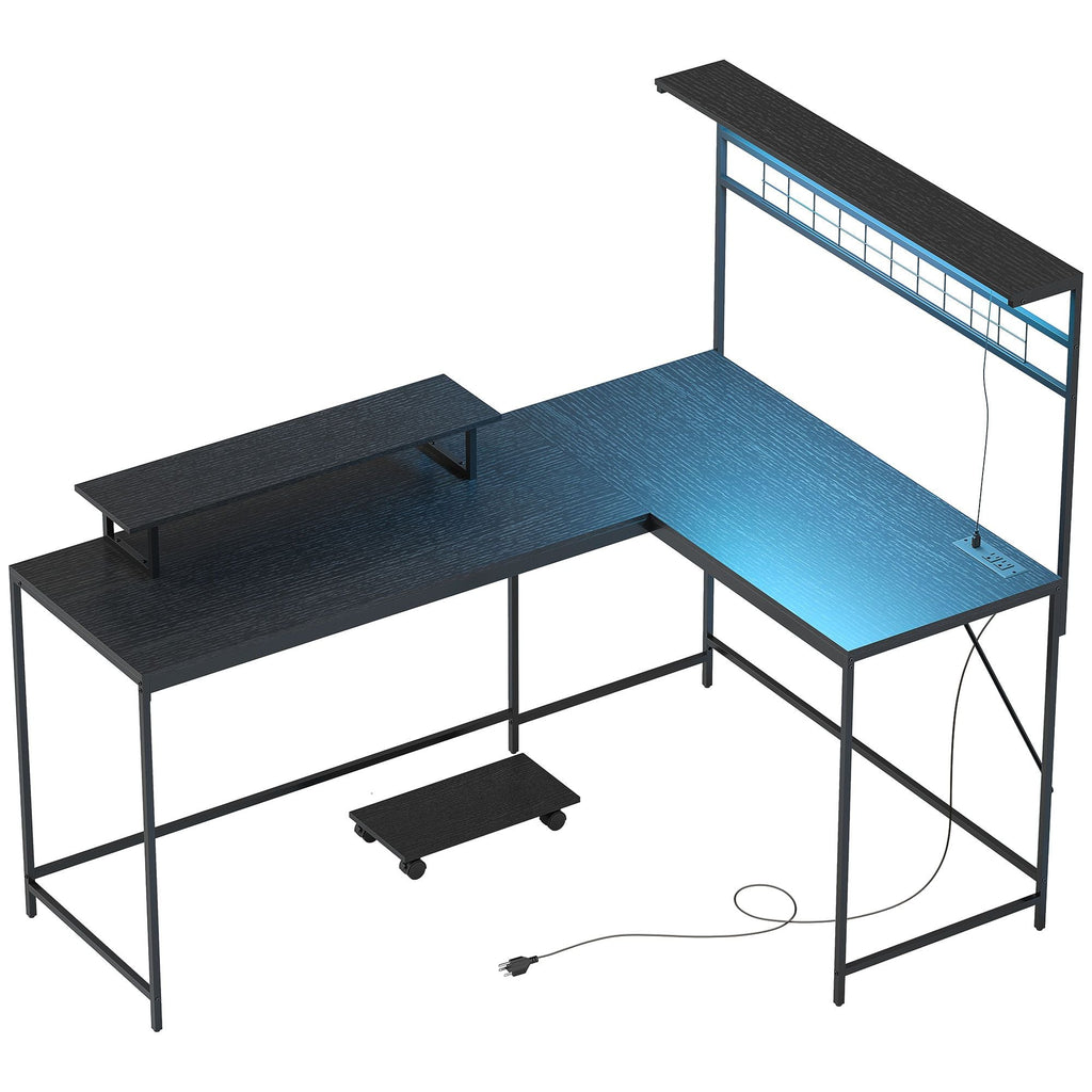 HOMCOM 61.6" L Shaped Gaming Desk with Power Outlets & LED Lights, Computer Desk with Monitor Stand and CPU Shelf, Black - Comfortable Living Decor