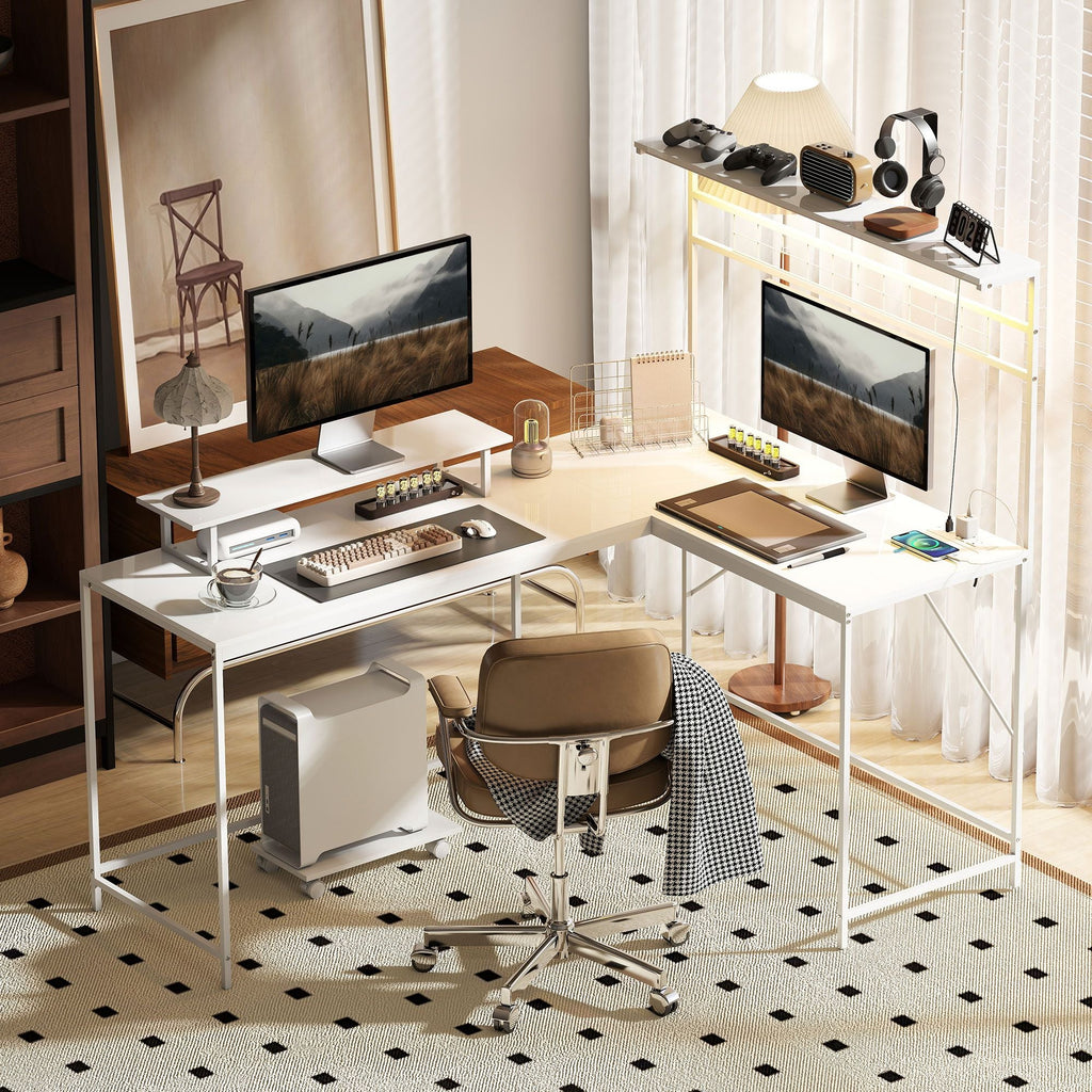 HOMCOM 61.6" L Shaped Gaming Desk with Power Outlets & LED Lights, Computer Desk with Monitor Stand and CPU Shelf, White - Comfortable Living Decor