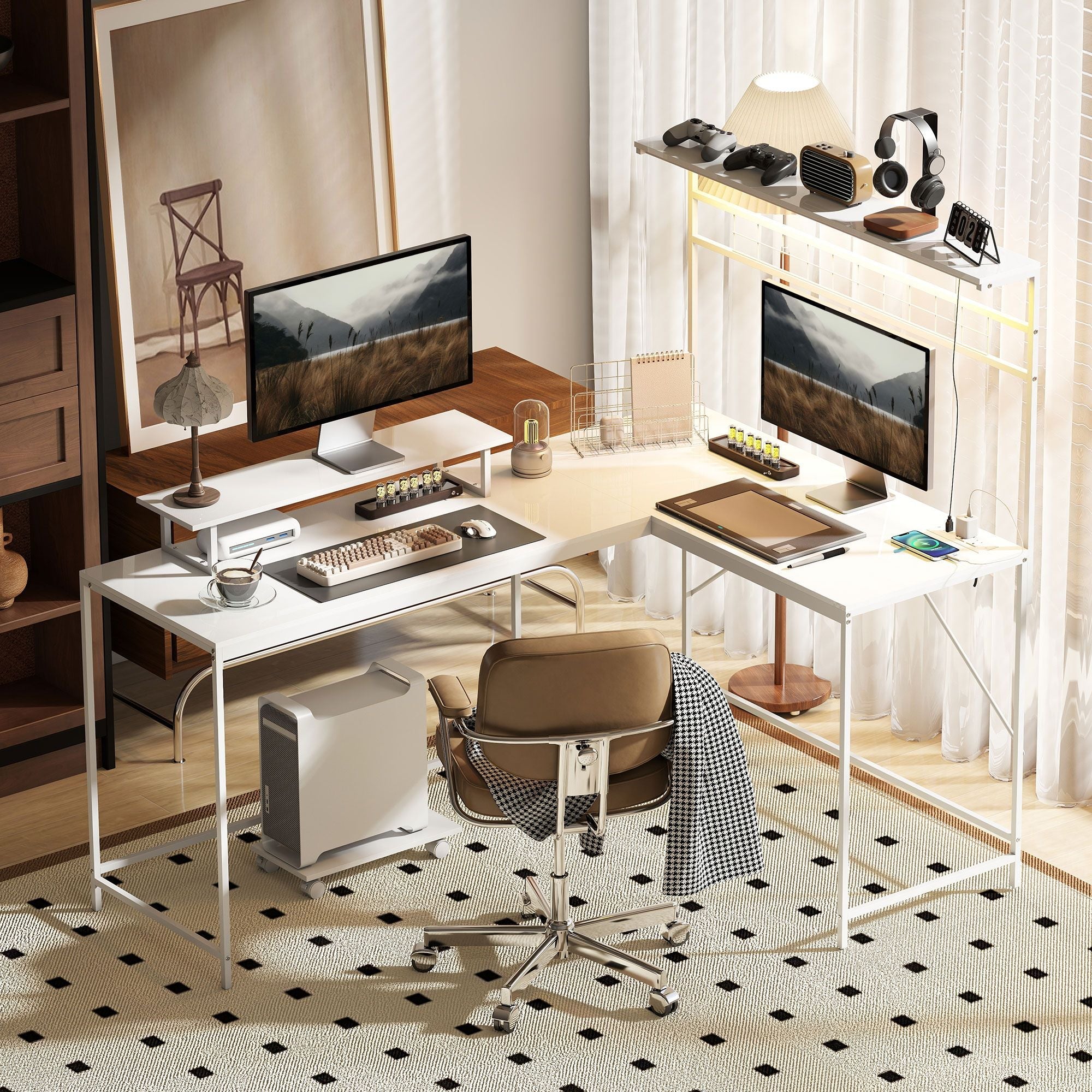 HOMCOM 61.6" L Shaped Gaming Desk with Power Outlets & LED Lights, Computer Desk with Monitor Stand and CPU Shelf, White - Comfortable Living Decor