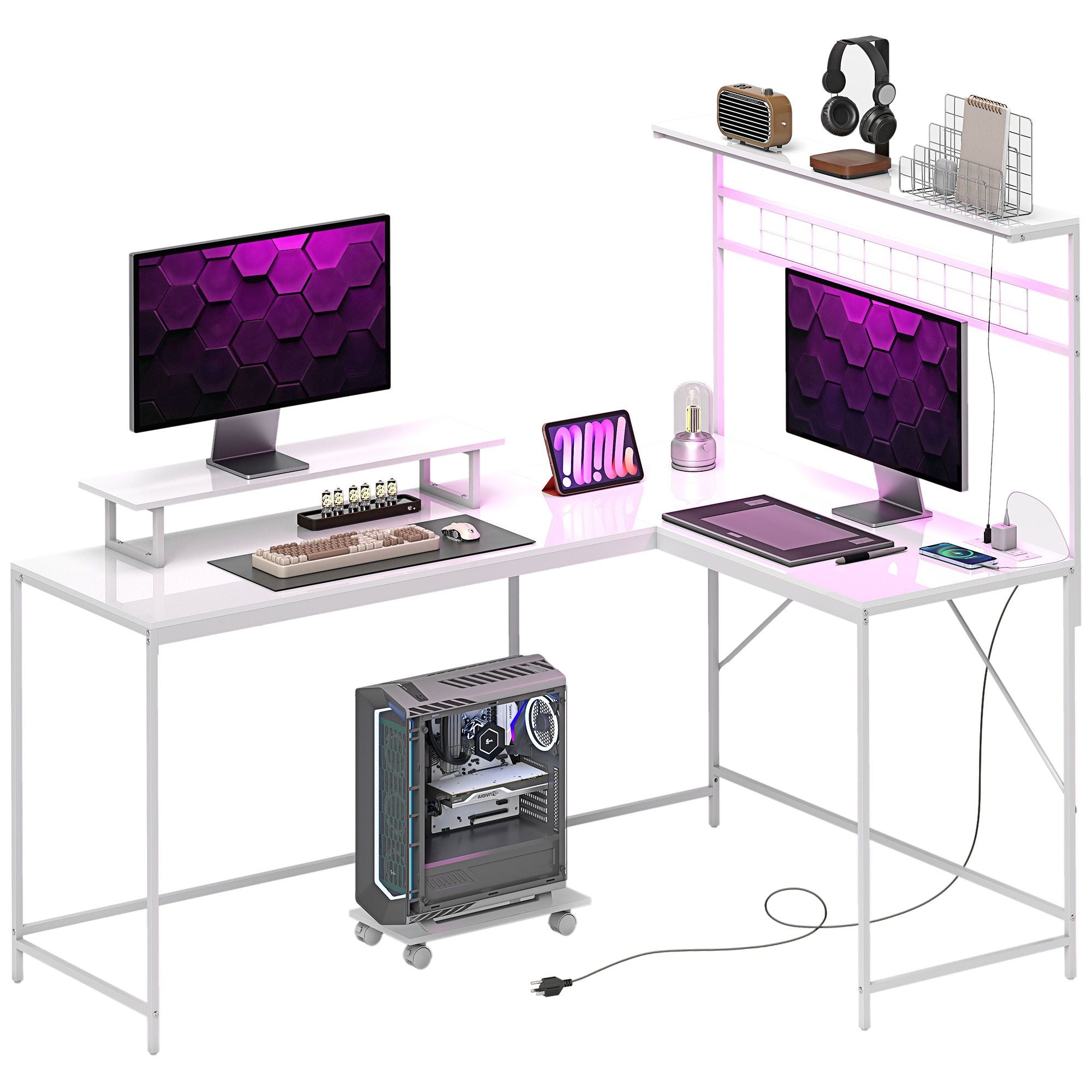 HOMCOM 61.6" L Shaped Gaming Desk with Power Outlets & LED Lights, Computer Desk with Monitor Stand and CPU Shelf, White - Comfortable Living Decor