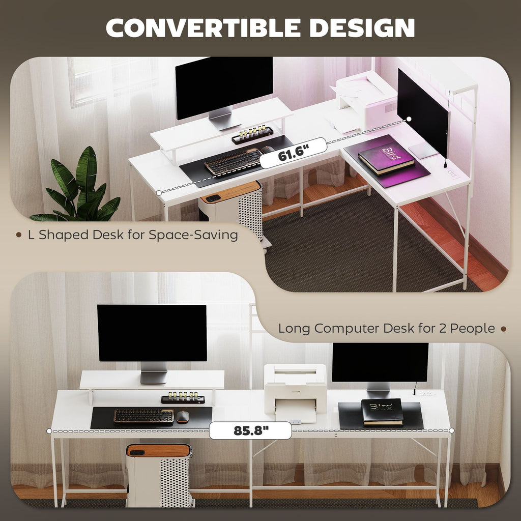 HOMCOM 61.6" L Shaped Gaming Desk with Power Outlets & LED Lights, Computer Desk with Monitor Stand and CPU Shelf, White - Comfortable Living Decor
