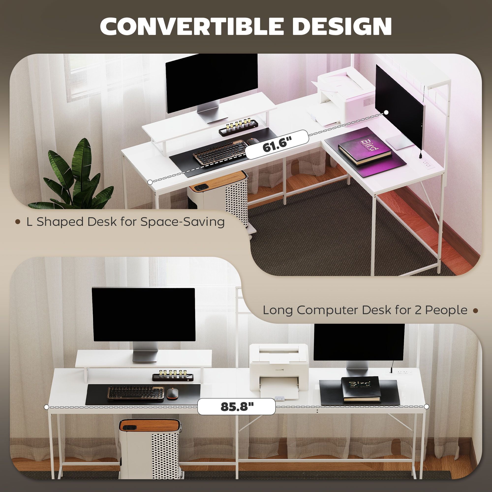 HOMCOM 61.6" L Shaped Gaming Desk with Power Outlets & LED Lights, Computer Desk with Monitor Stand and CPU Shelf, White - Comfortable Living Decor