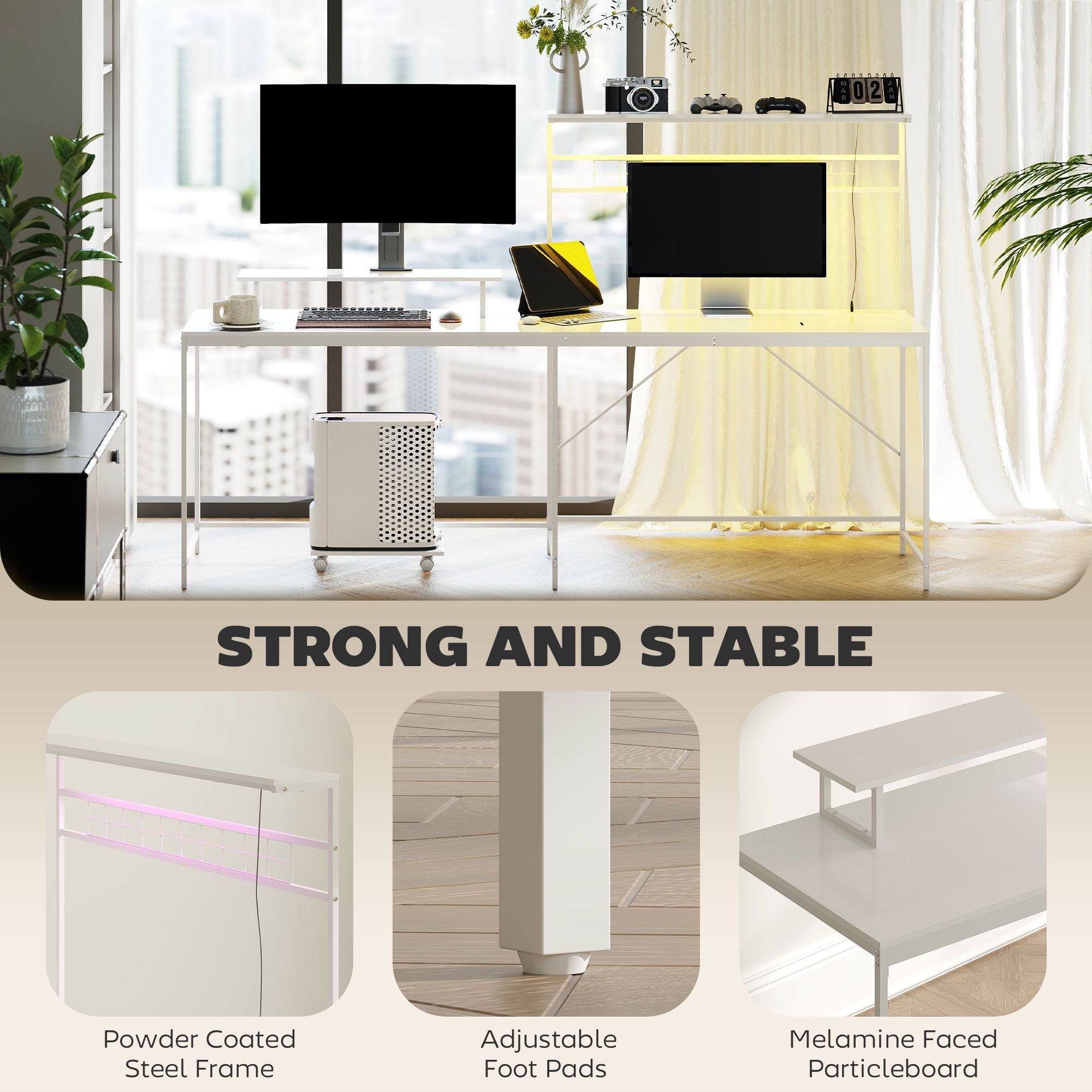 HOMCOM 61.6" L Shaped Gaming Desk with Power Outlets & LED Lights, Computer Desk with Monitor Stand and CPU Shelf, White - Comfortable Living Decor