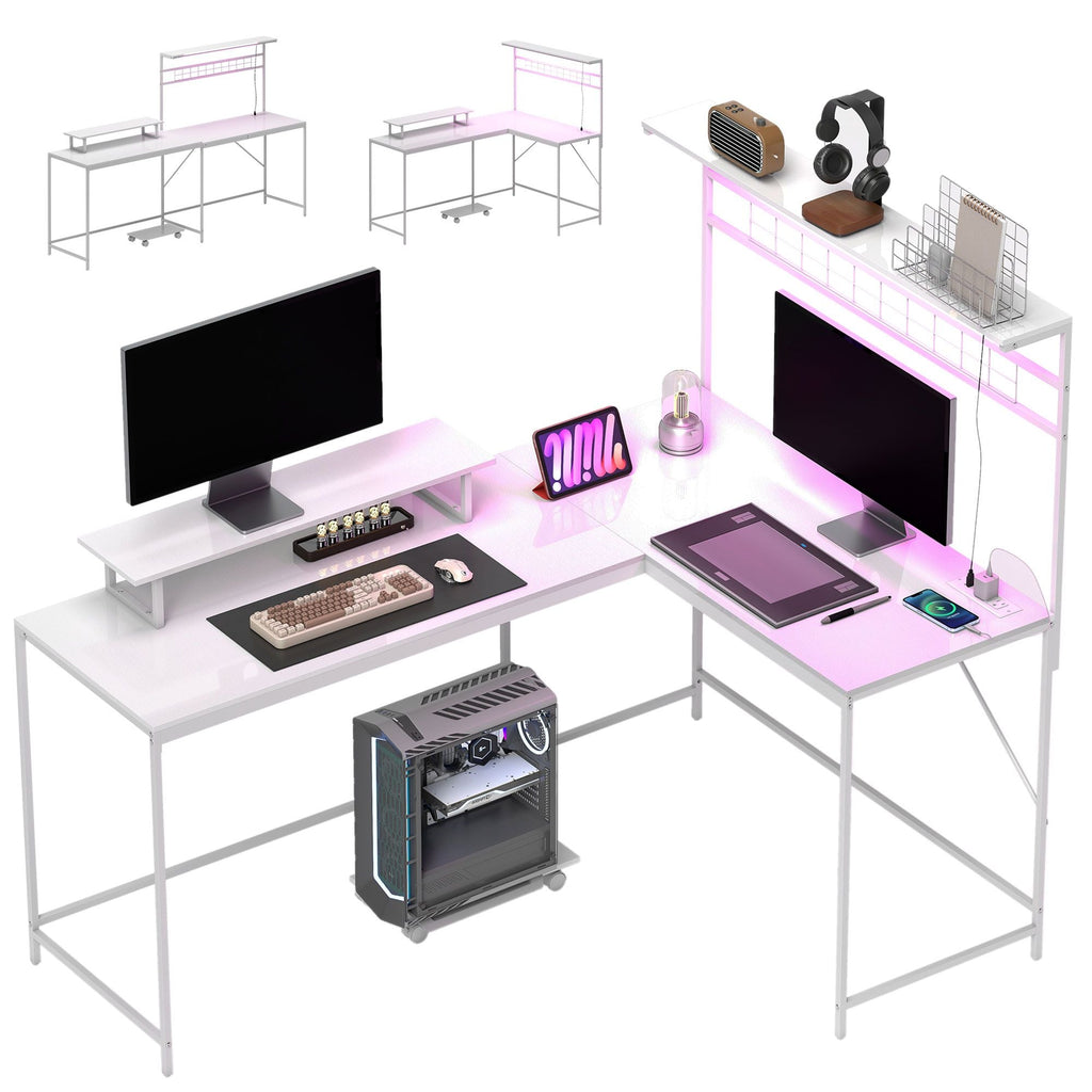 HOMCOM 61.6" L Shaped Gaming Desk with Power Outlets & LED Lights, Computer Desk with Monitor Stand and CPU Shelf, White - Comfortable Living Decor