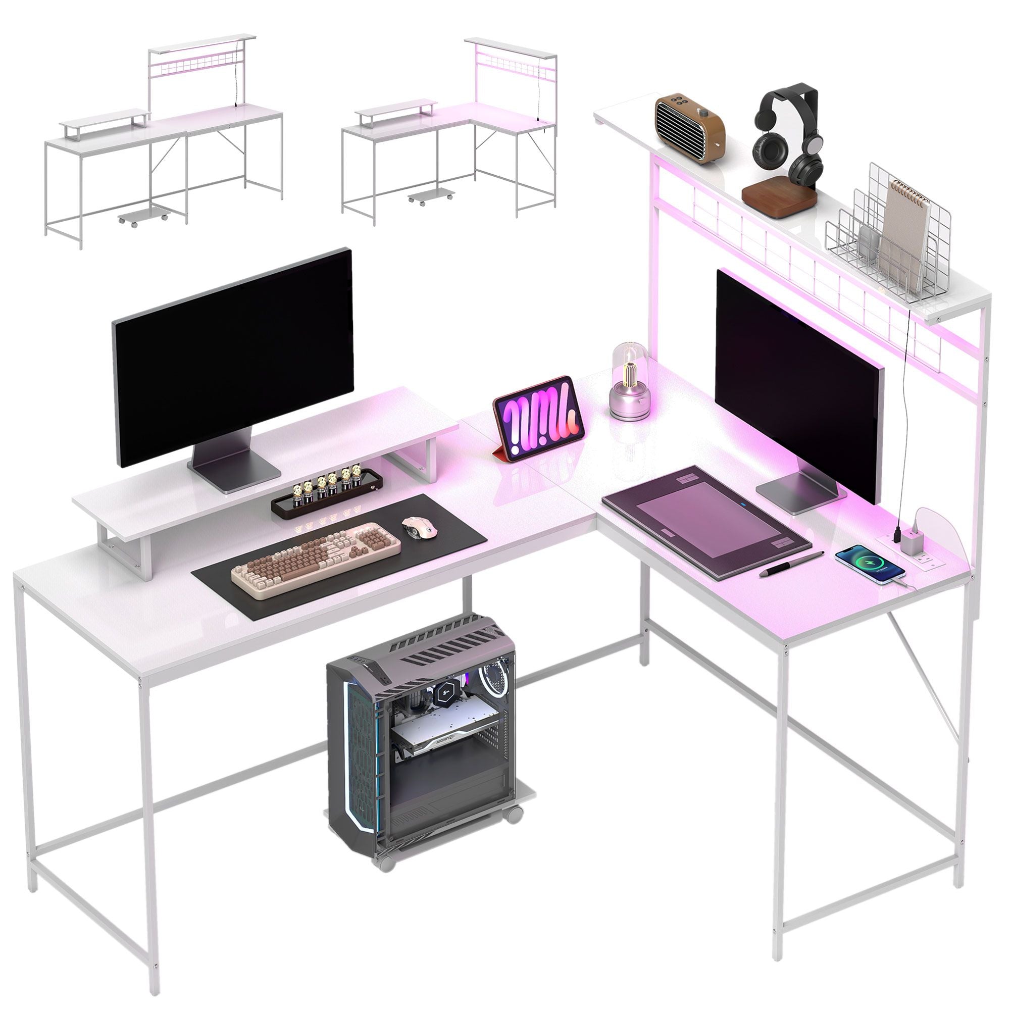 HOMCOM 61.6" L Shaped Gaming Desk with Power Outlets & LED Lights, Computer Desk with Monitor Stand and CPU Shelf, White - Comfortable Living Decor