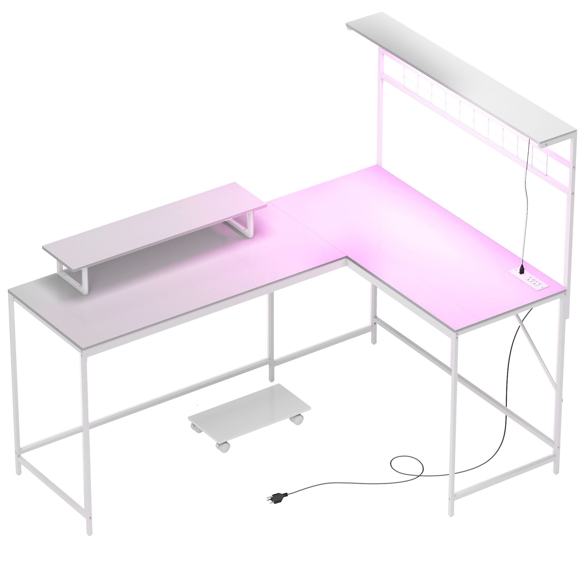 HOMCOM 61.6" L Shaped Gaming Desk with Power Outlets & LED Lights, Computer Desk with Monitor Stand and CPU Shelf, White - Comfortable Living Decor