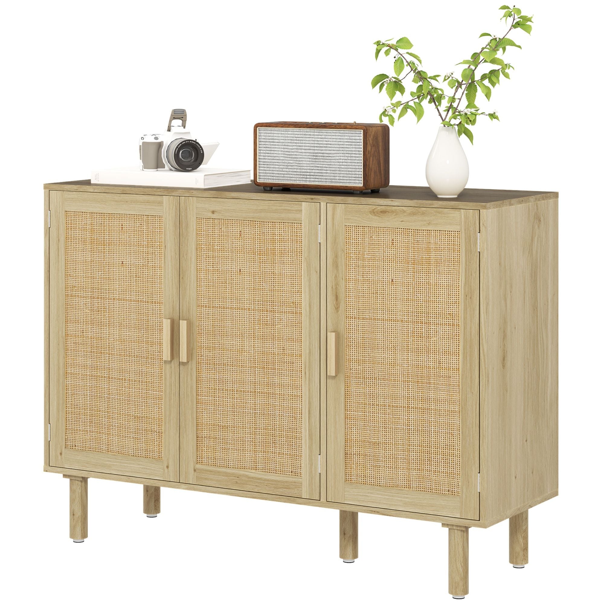 HOMCOM Bohemian Sideboard, 46.9" Buffet Cabinet with 3 Rattan Doors and Shelves for Living Room, Hallway, Natural - Comfortable Living Decor