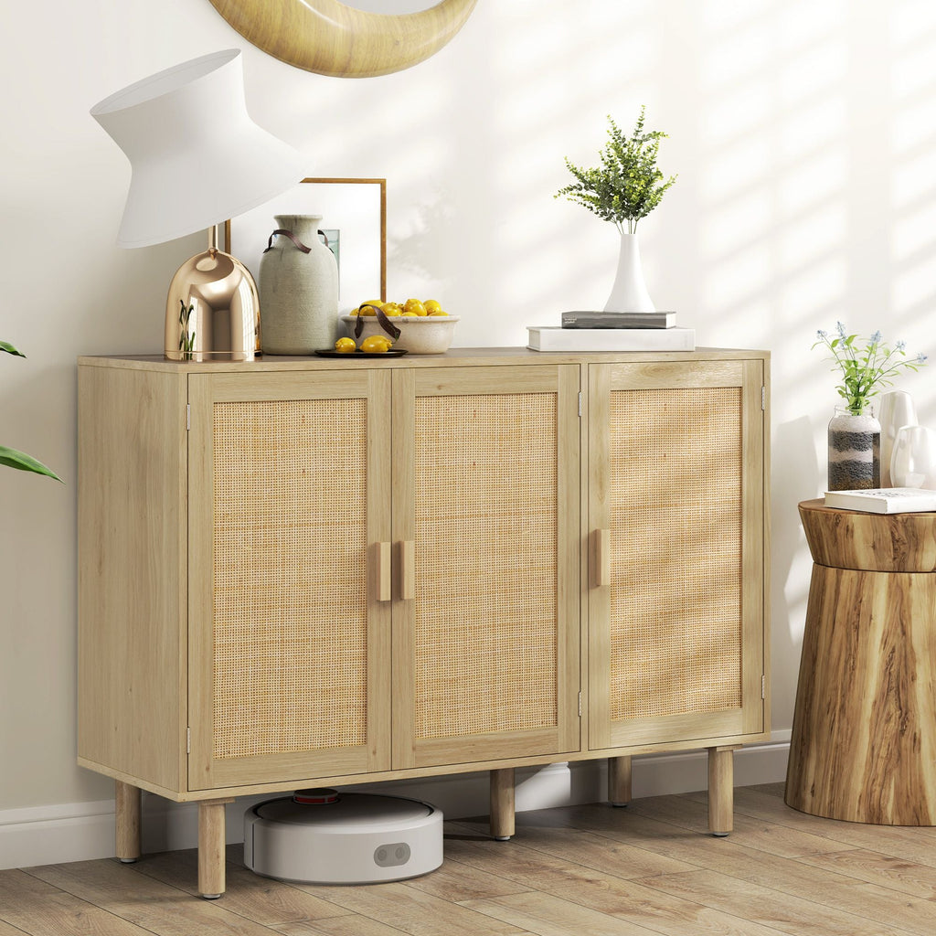 HOMCOM Bohemian Sideboard, 46.9" Buffet Cabinet with 3 Rattan Doors and Shelves for Living Room, Hallway, Natural - Comfortable Living Decor