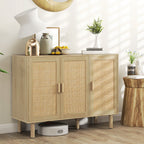 HOMCOM Bohemian Sideboard, 46.9" Buffet Cabinet with 3 Rattan Doors and Shelves for Living Room, Hallway, Natural - Comfortable Living Decor