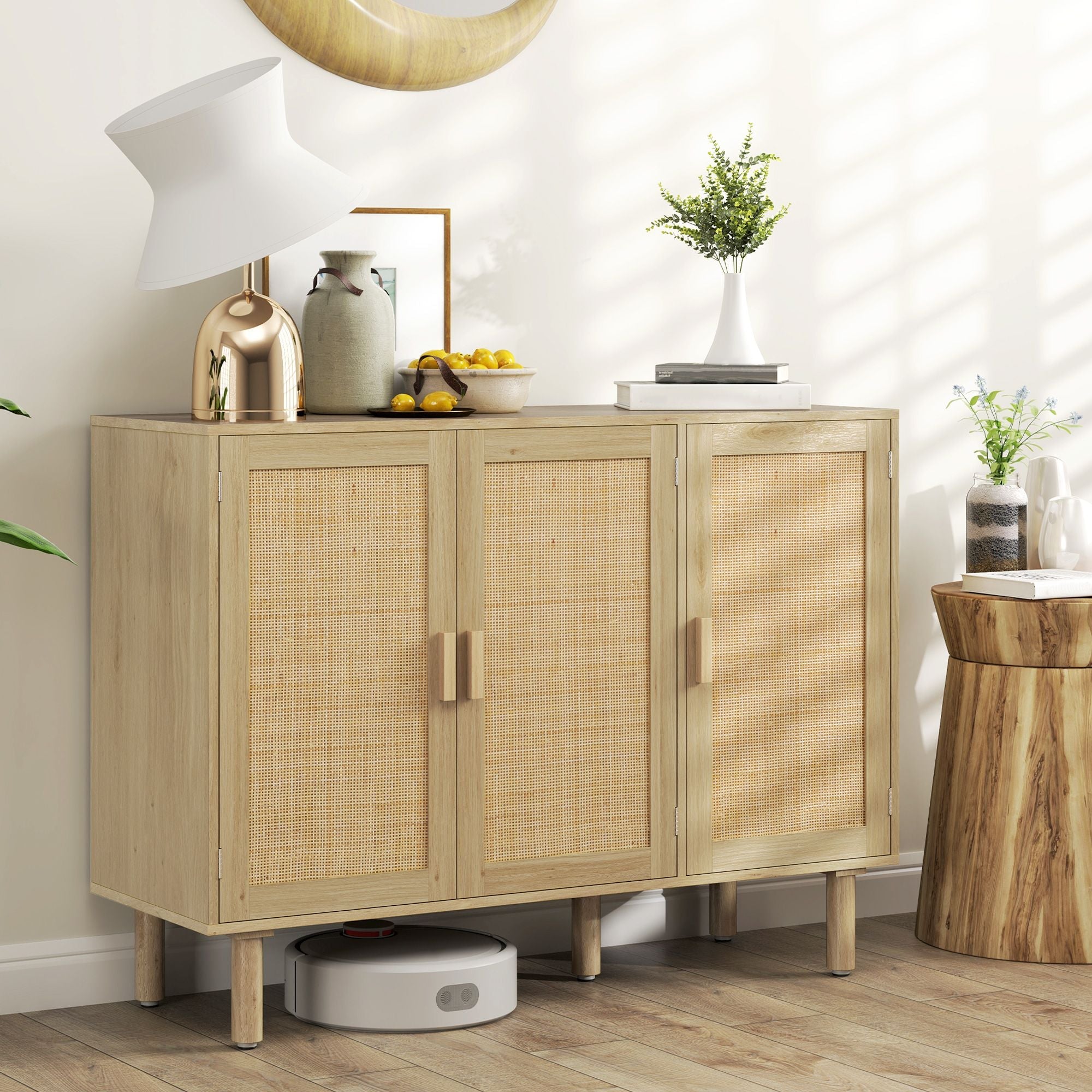 HOMCOM Bohemian Sideboard, 46.9" Buffet Cabinet with 3 Rattan Doors and Shelves for Living Room, Hallway, Natural - Comfortable Living Decor