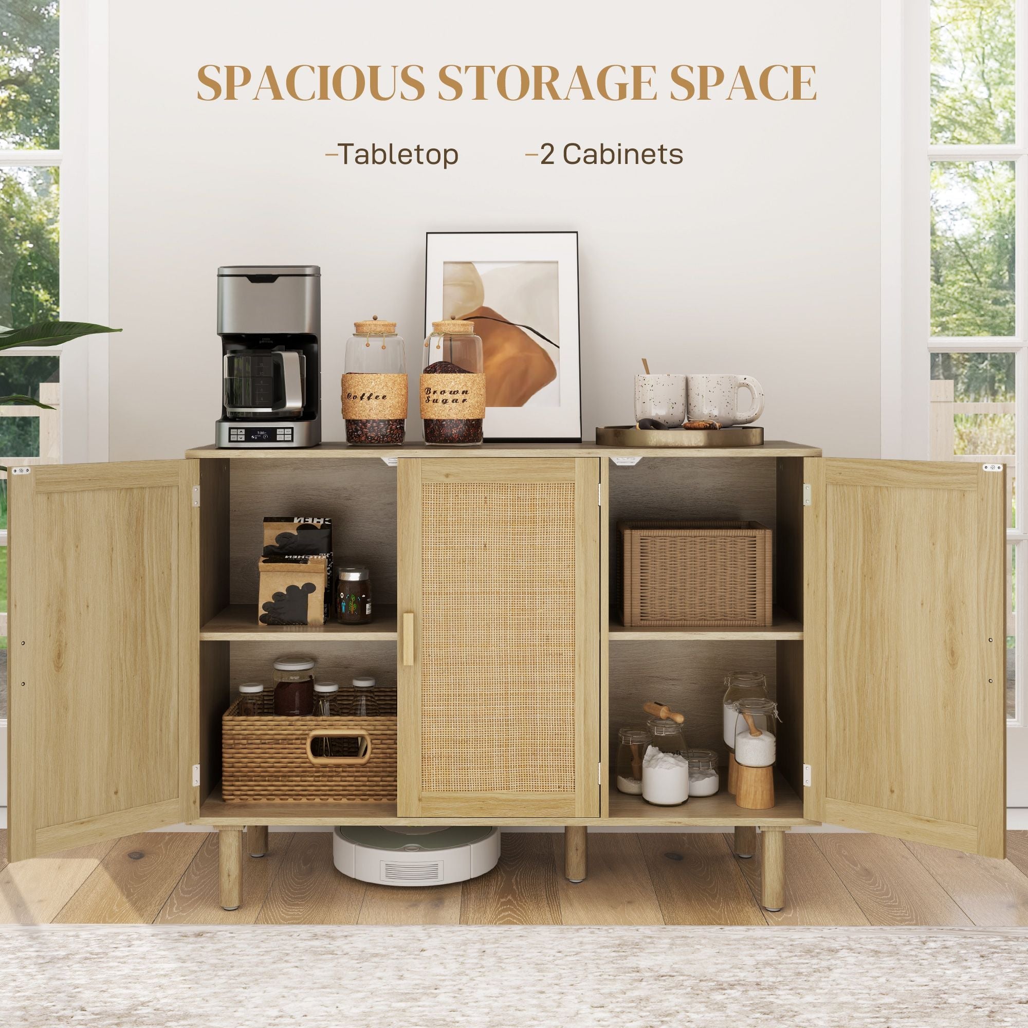 HOMCOM Bohemian Sideboard, 46.9" Buffet Cabinet with 3 Rattan Doors and Shelves for Living Room, Hallway, Natural - Comfortable Living Decor