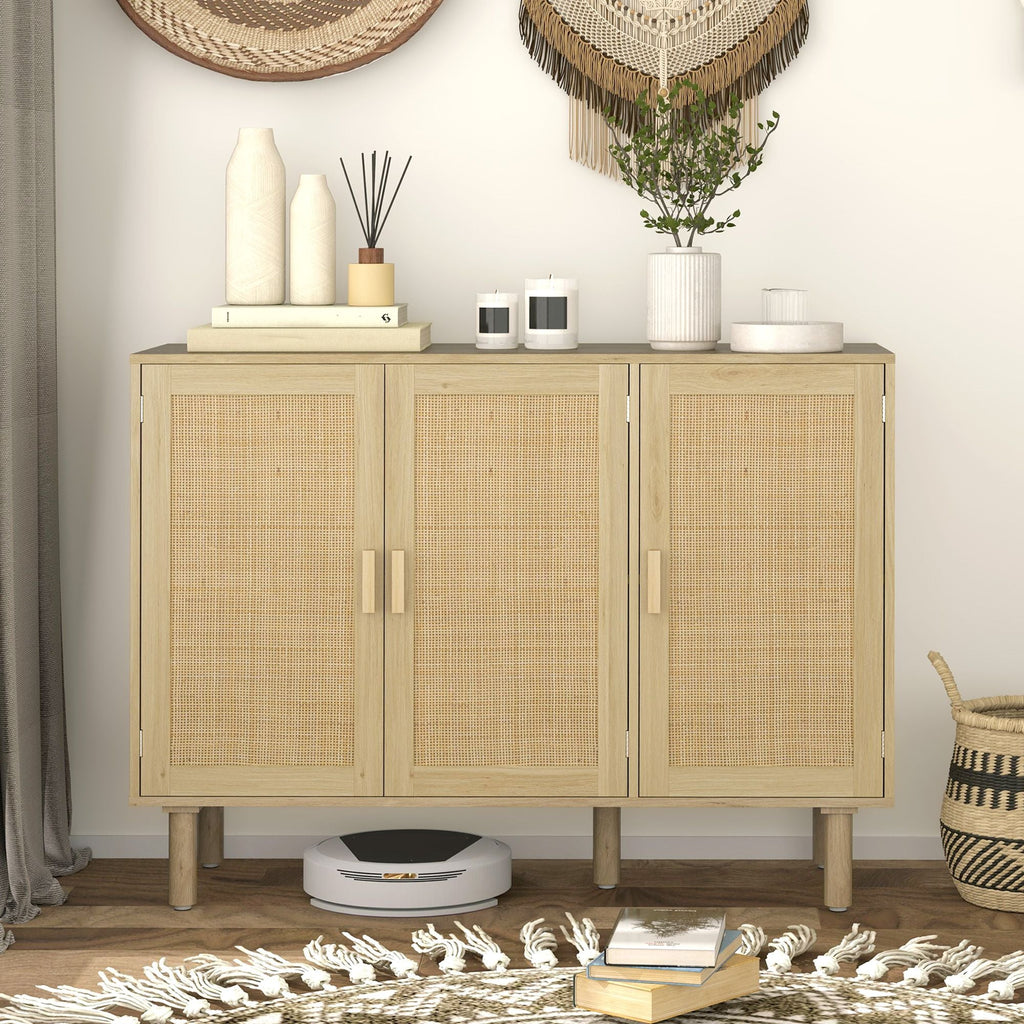 HOMCOM Bohemian Sideboard, 46.9" Buffet Cabinet with 3 Rattan Doors and Shelves for Living Room, Hallway, Natural - Comfortable Living Decor