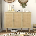 HOMCOM Bohemian Sideboard, 46.9" Buffet Cabinet with 3 Rattan Doors and Shelves for Living Room, Hallway, Natural - Comfortable Living Decor