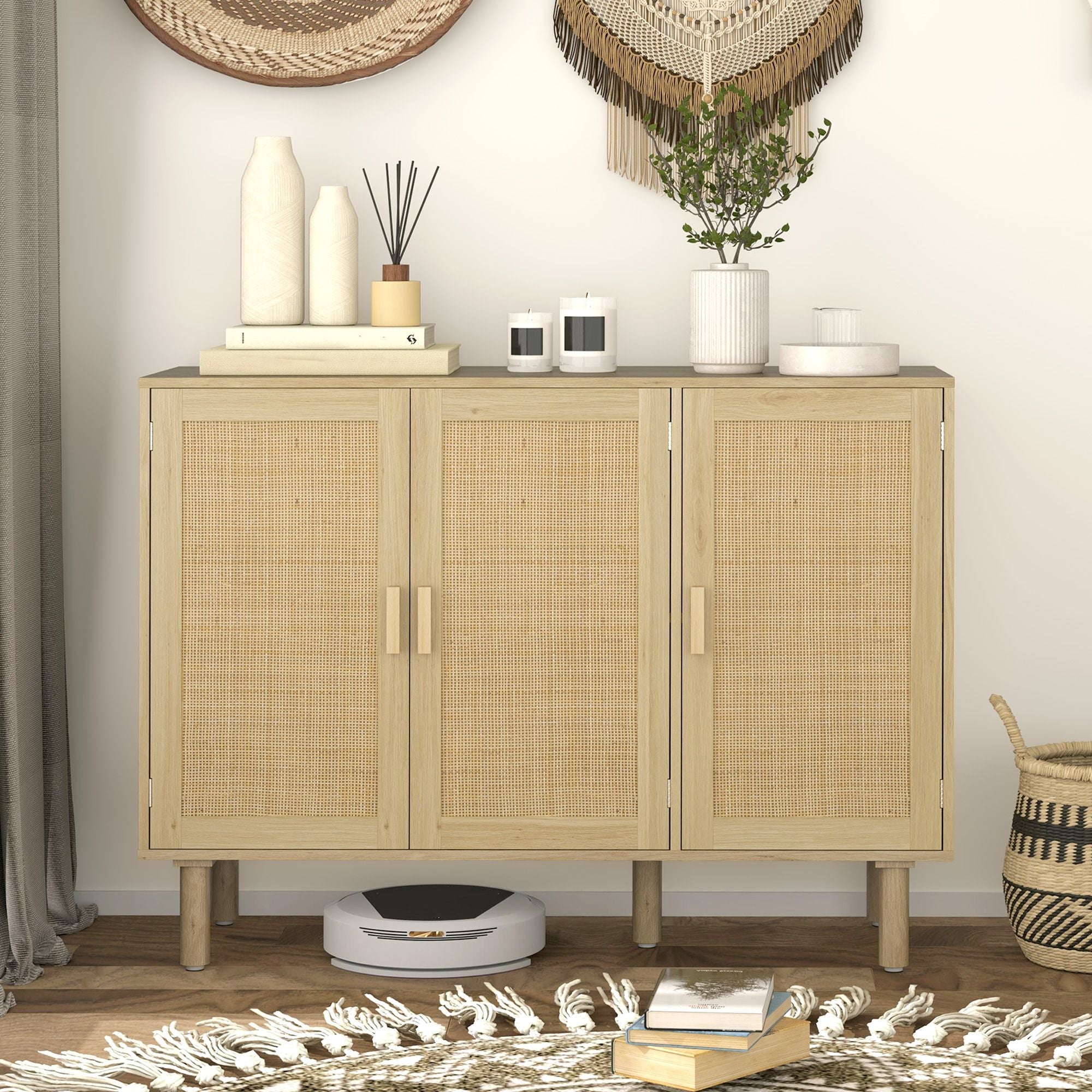 HOMCOM Bohemian Sideboard, 46.9" Buffet Cabinet with 3 Rattan Doors and Shelves for Living Room, Hallway, Natural - Comfortable Living Decor