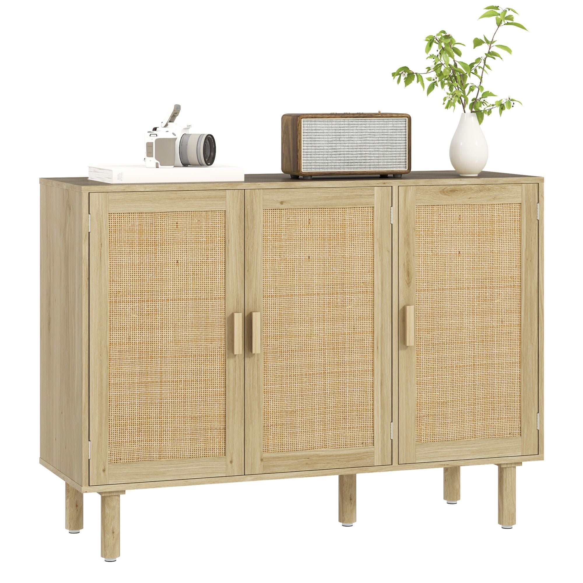 HOMCOM Bohemian Sideboard, 46.9" Buffet Cabinet with 3 Rattan Doors and Shelves for Living Room, Hallway, Natural - Comfortable Living Decor